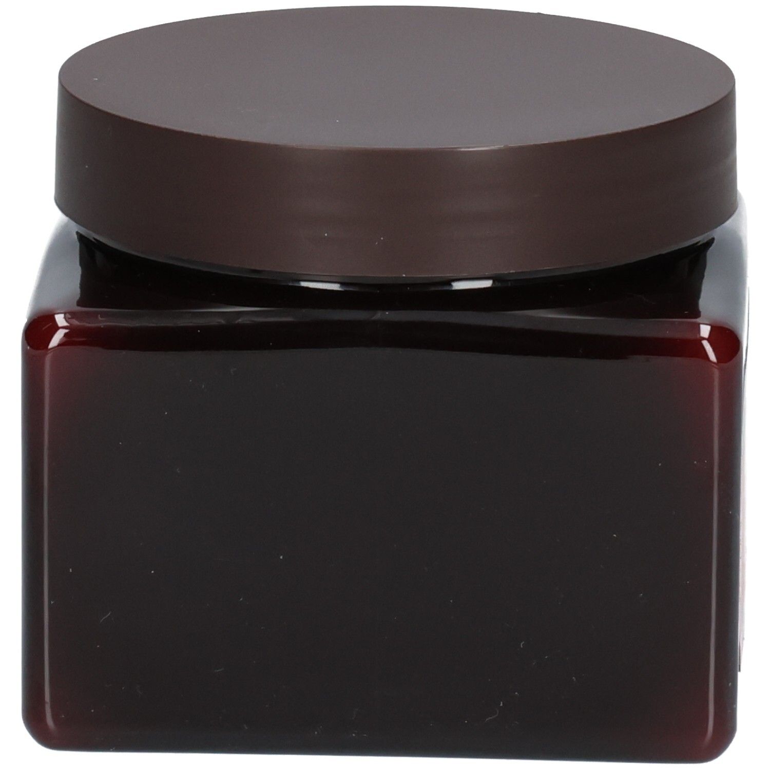 Rückseite eines braunen Tiegels mit Arganicare Keratin Haarmaske. Enthält detaillierte Produktinformationen und Inhaltsstoffe.