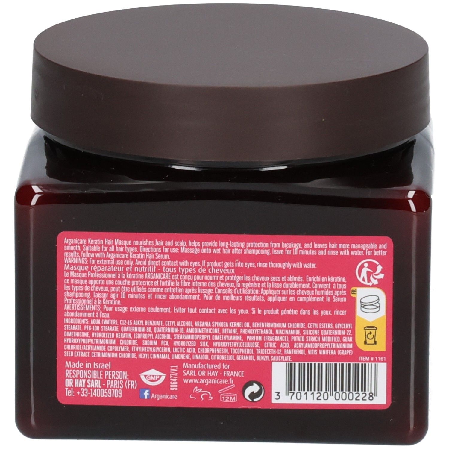 Rückseite eines braunen Tiegels mit Arganicare Keratin Haarmaske. Enthält detaillierte Produktinformationen und Inhaltsstoffe.