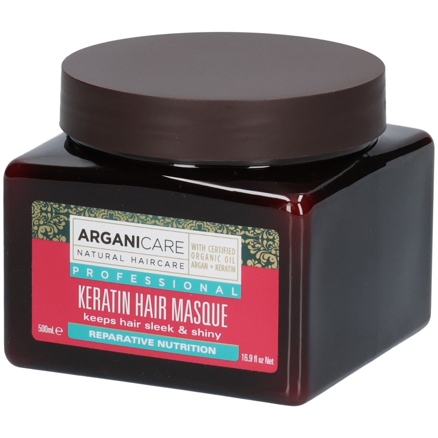 Arganicare Keratin Haarmaske in einem braunen Tiegel mit braunem Deckel. Etikett mit Produktinformationen.