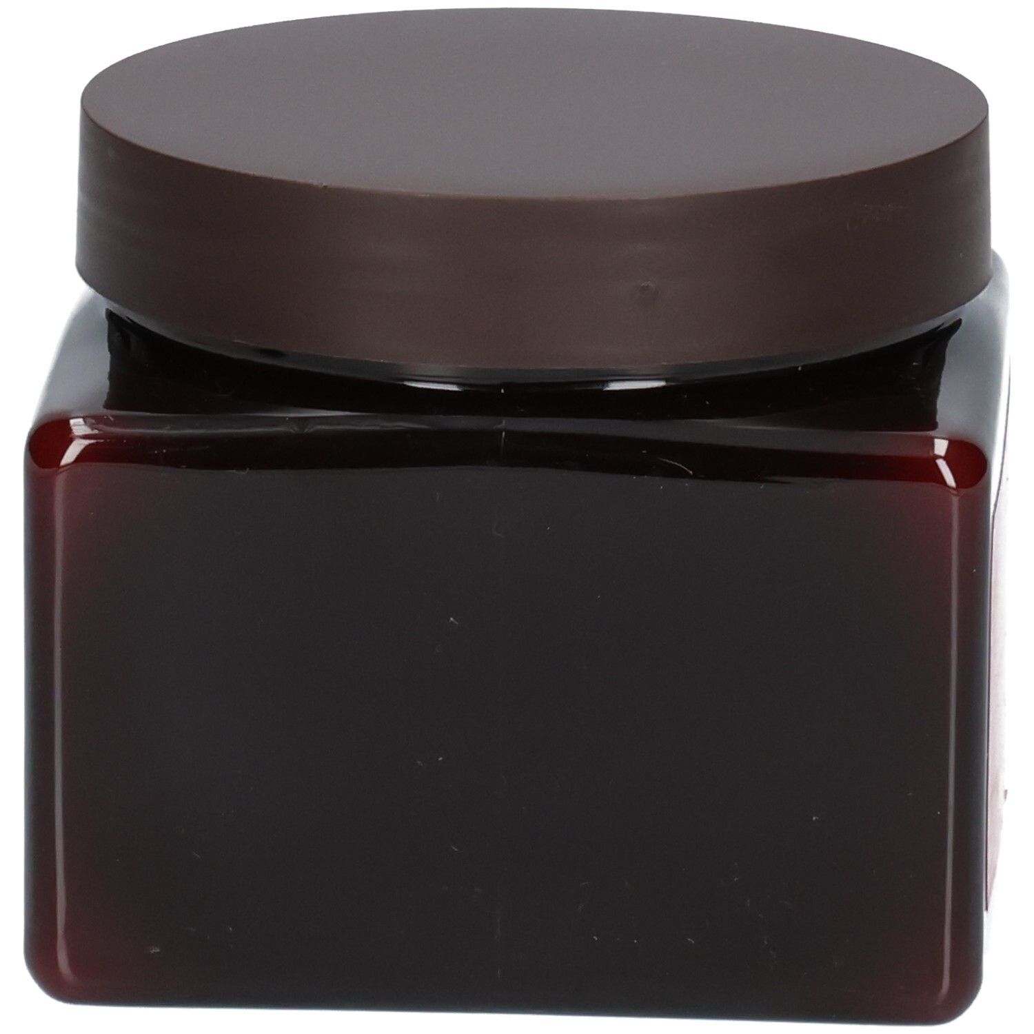 Ein leerer brauner Tiegel mit braunem Deckel, der Arganicare Keratin Haarmaske enthielt.
