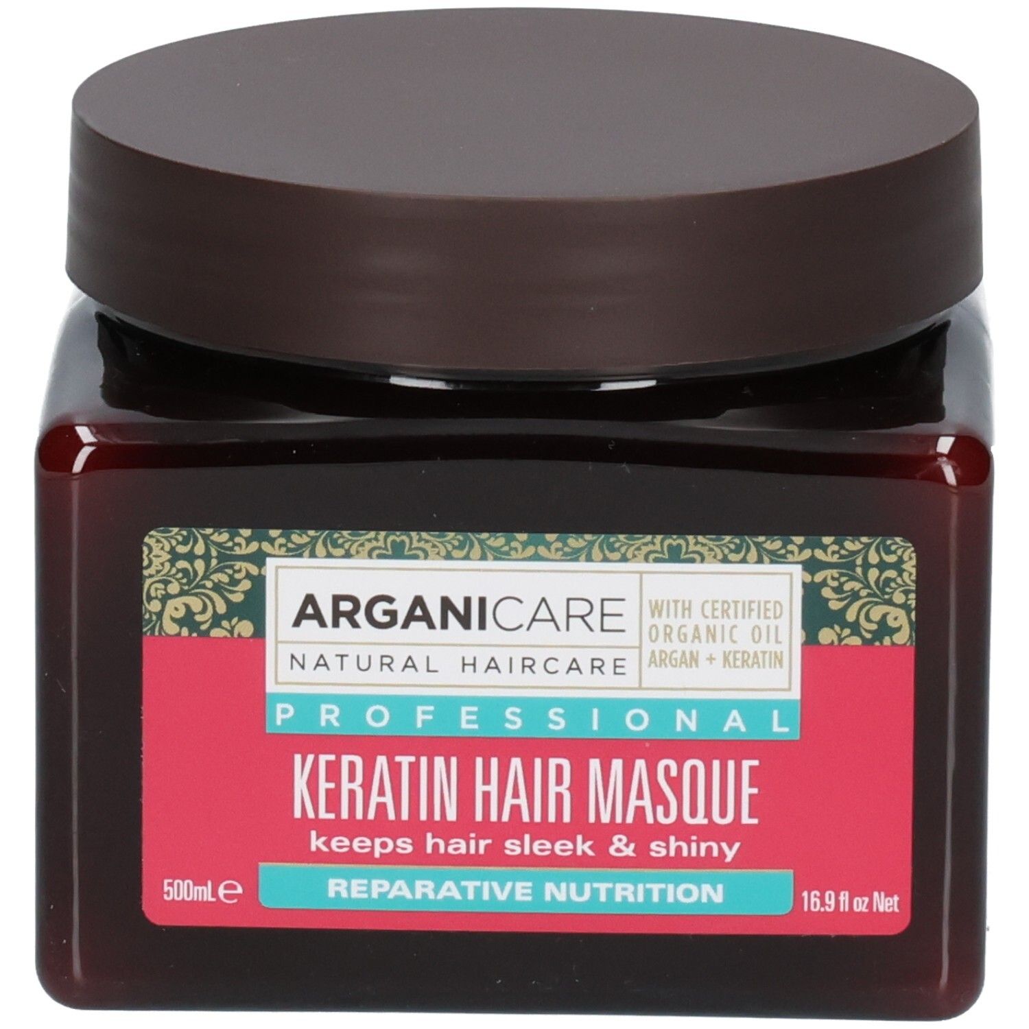Arganicare Keratin Haarmaske in einem braunen Tiegel mit braunem Deckel. Etikett mit Produktinformationen.