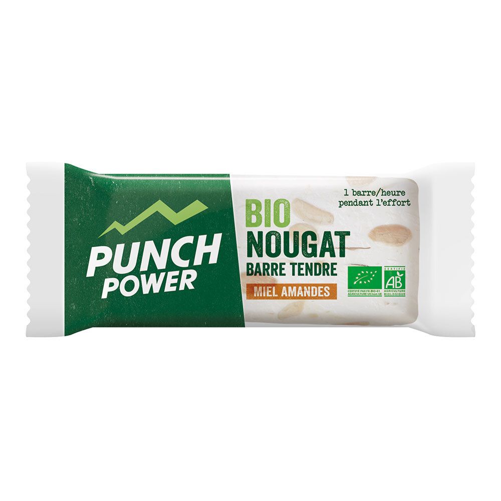 Barre énergétique emballée. Inscription verte et blanche : Punch Power, Bio Nougat, Miel Amandes. Label AB.