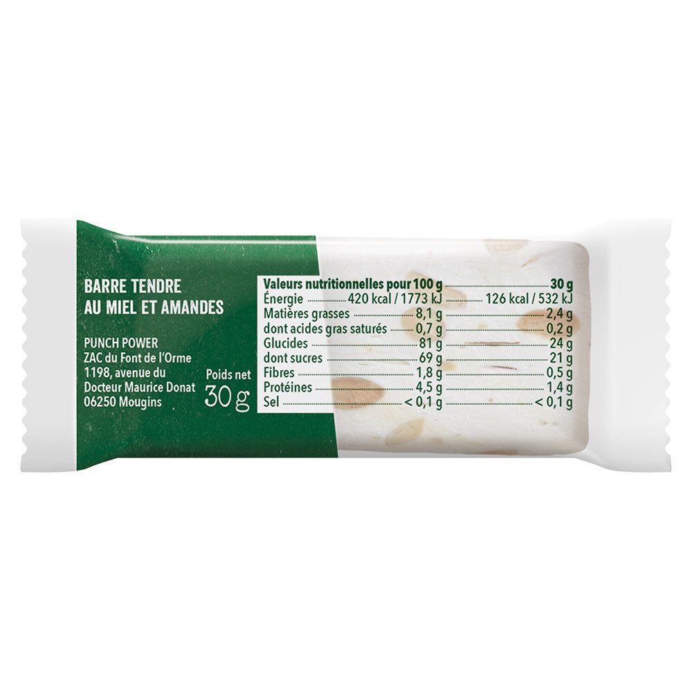 Dos de l'emballage de la barre énergétique. Informations nutritionnelles pour 100g et 30g. Texte : Barre tendre au miel et amandes.