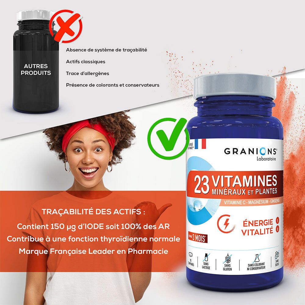 Comparaison de produits. À gauche : flacon noir. À droite : flacon bleu avec étiquette. Femme souriante.