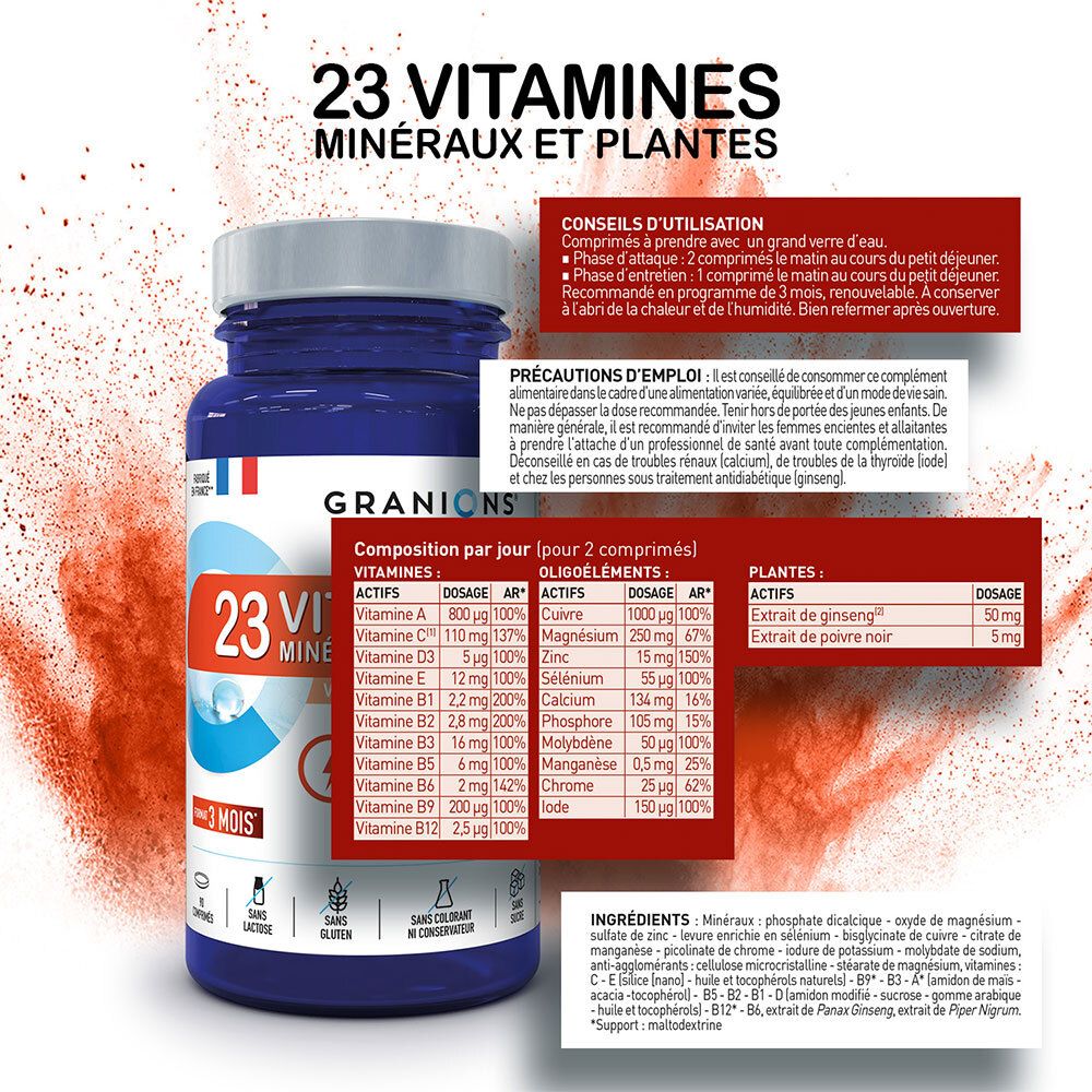 Flacon bleu avec étiquette. Texte : 23 vitamines, minéraux et plantes. Composition par jour.