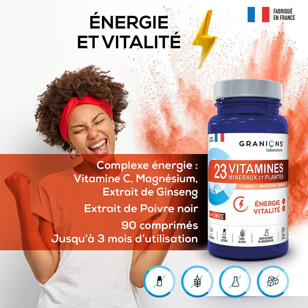 Femme avec bandeau qui jubile. Flacon bleu avec étiquette. Texte : Énergie et vitalité. 90 comprimés.