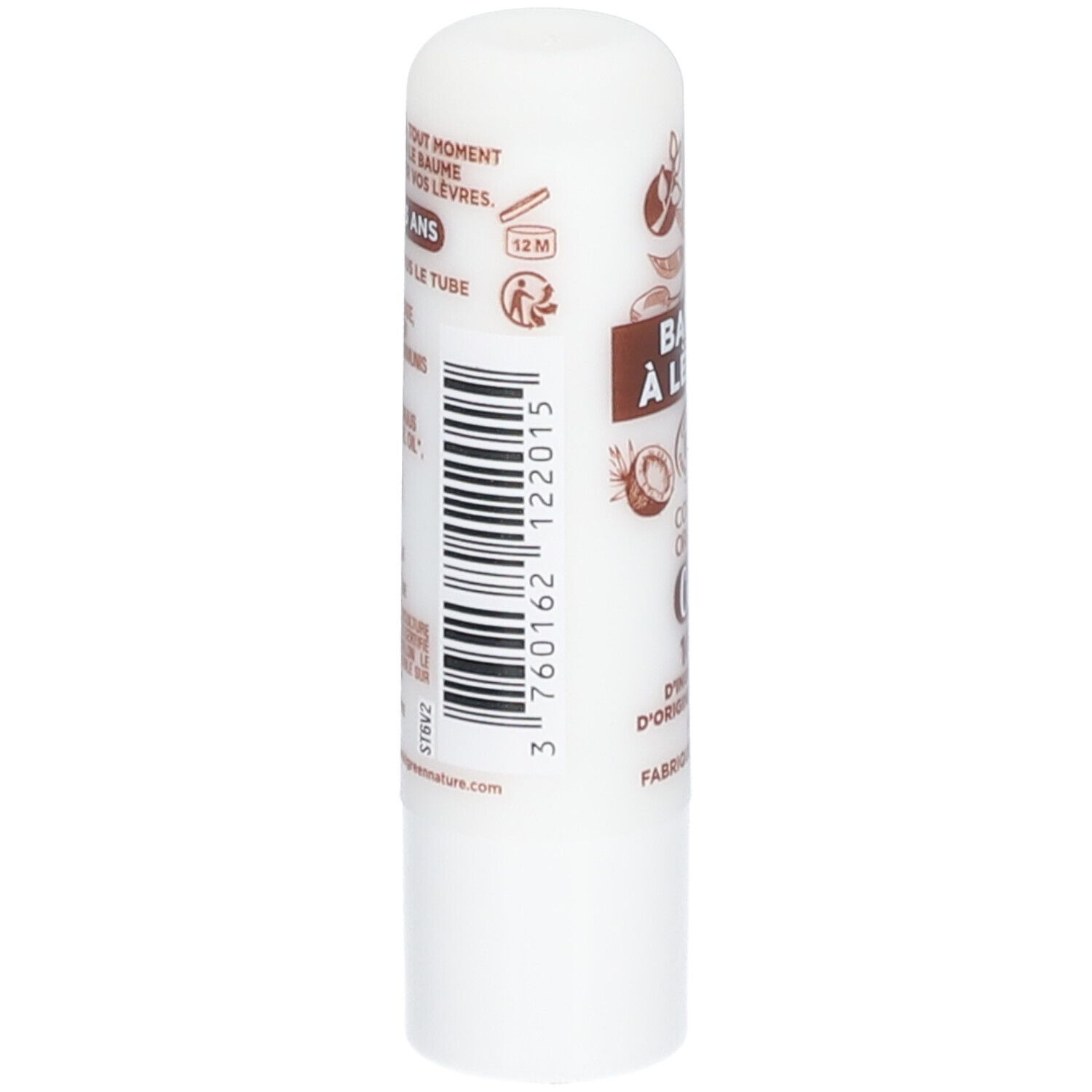Weißer Lippenbalsam-Stift mit Barcode und Text. Enthält Informationen zur Anwendung und Inhaltsstoffe.