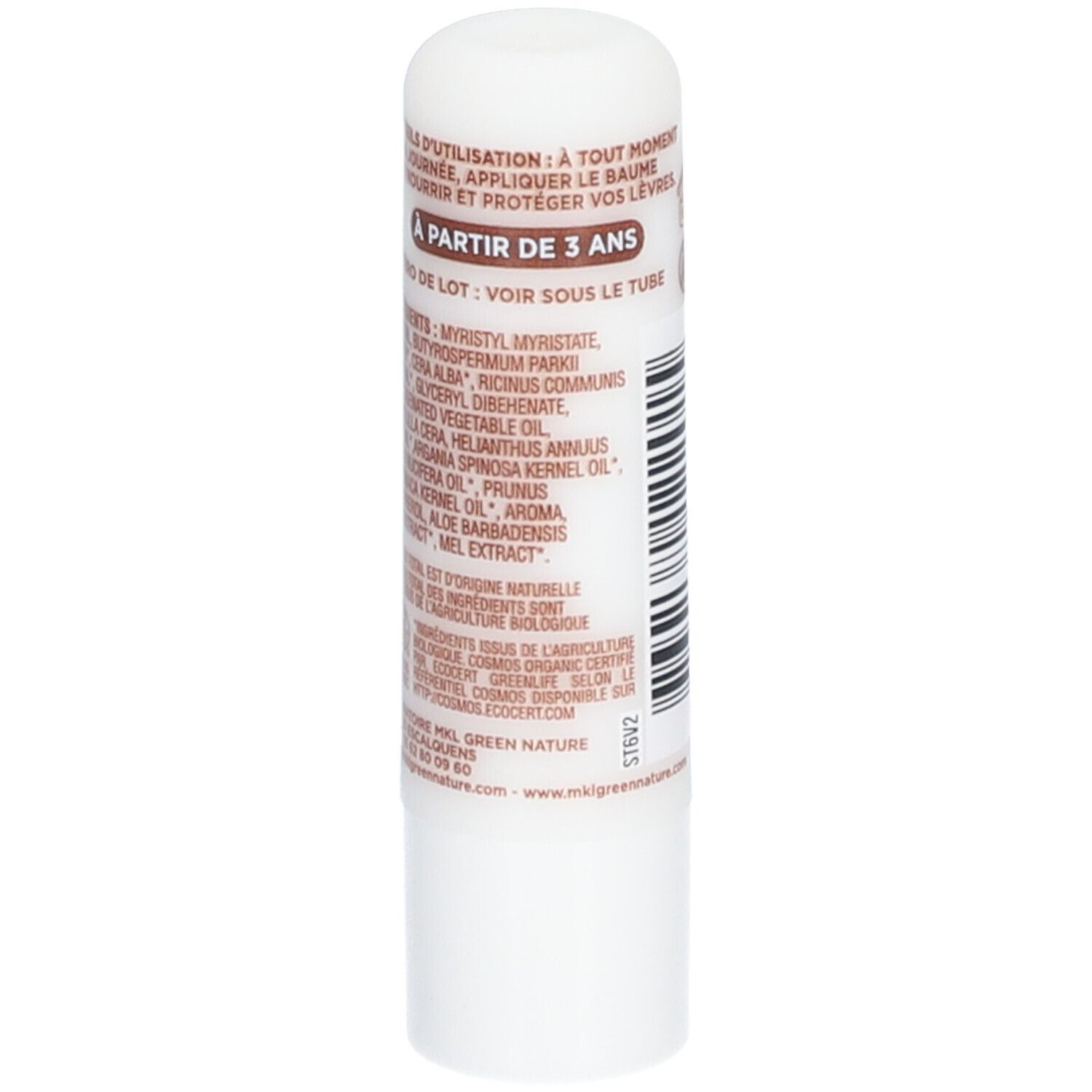Weißer Lippenbalsam-Stift mit braunem Text. Enthält Informationen zu Inhaltsstoffen und Anwendung.