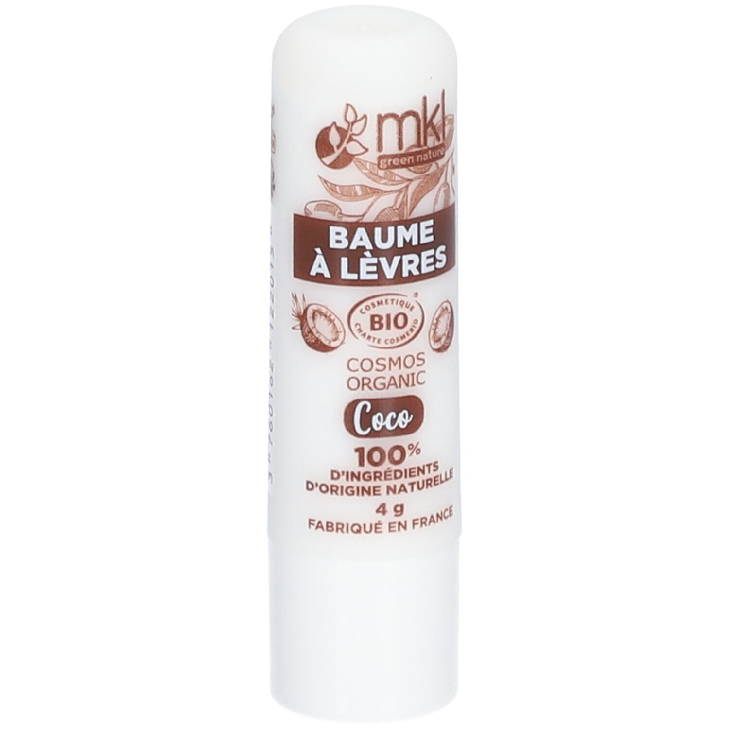 Weißer Lippenbalsam-Stift mit braunen Aufdrucken. Enthält das Bio-Siegel und die Aufschrift "Coco".