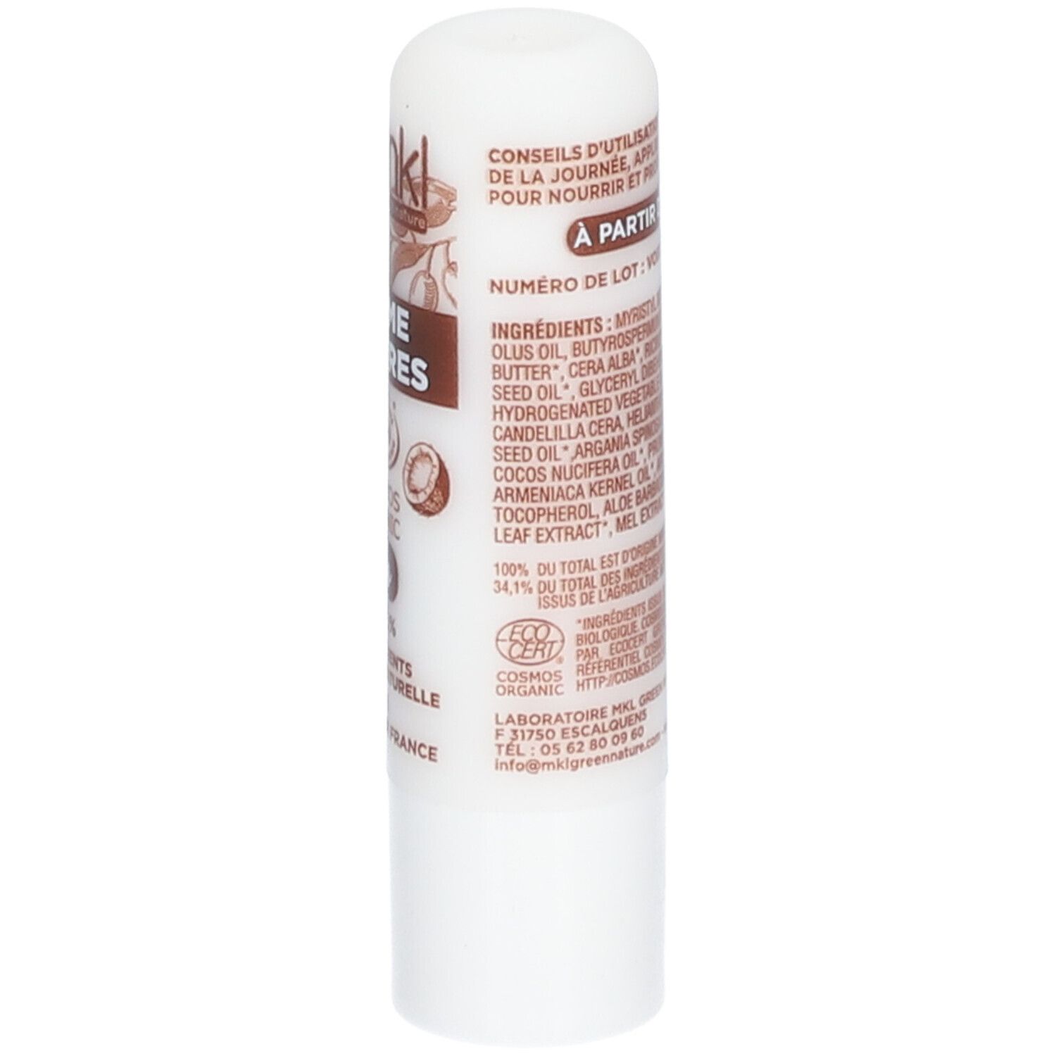 Weißer Lippenbalsam-Stift mit braunem Text. Enthält Informationen zu Inhaltsstoffen und Zertifizierungen.