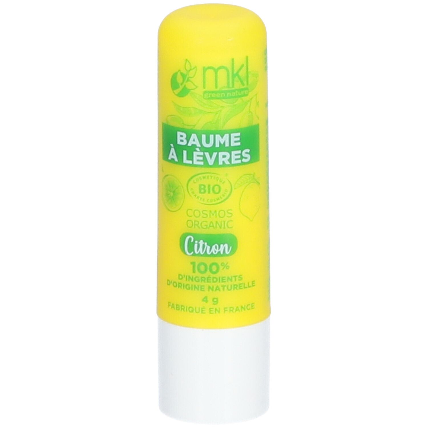 Gelber Lippenbalsam-Stift mit grüner Schrift. Enthält Bio-Zertifizierung und Zitronen-Logo. 4g.