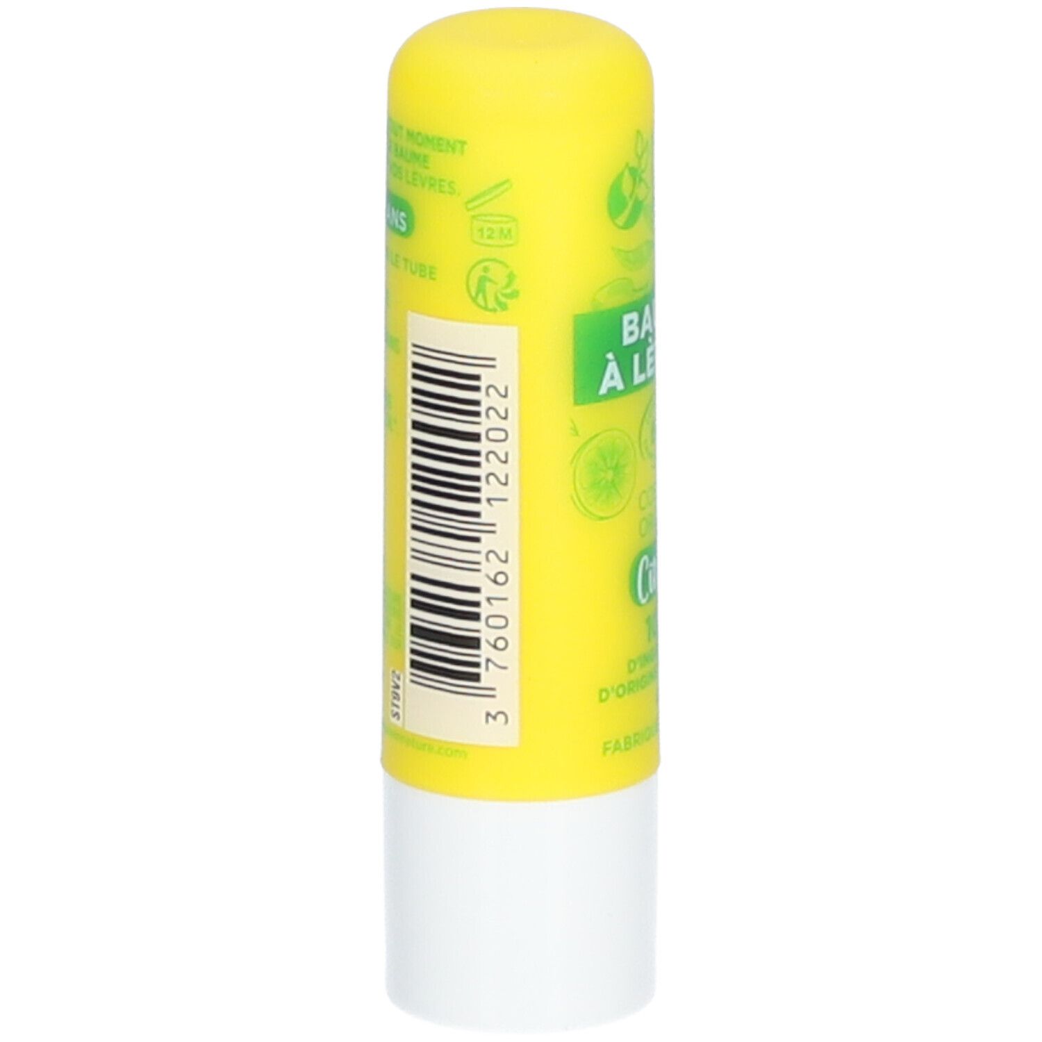 Gelber Lippenbalsam-Stift mit Barcode und Text. Enthält Informationen zur Haltbarkeit und Inhaltsstoffe.