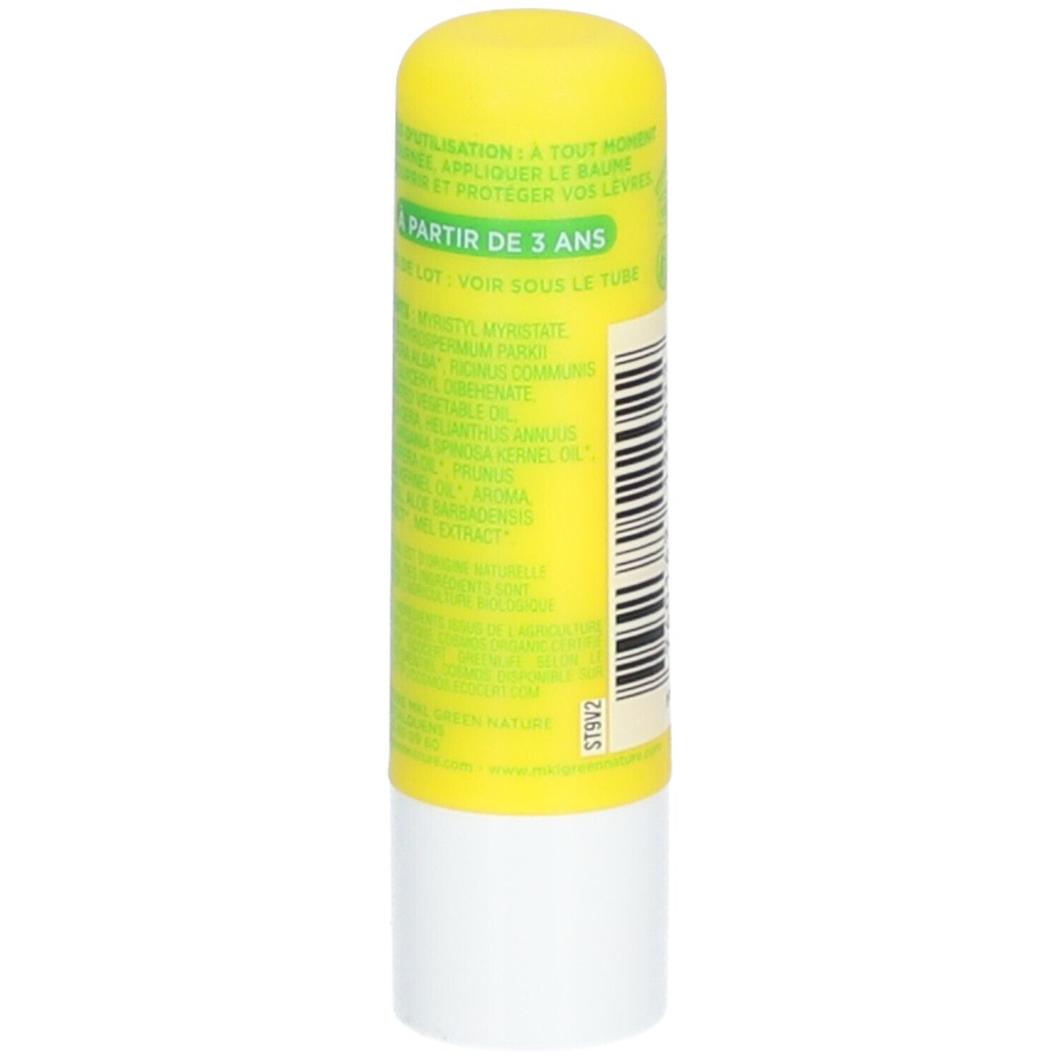 Gelber Lippenbalsam-Stift mit Text. Enthält Informationen zur Anwendung und Inhaltsstoffe. Ab 3 Jahren.