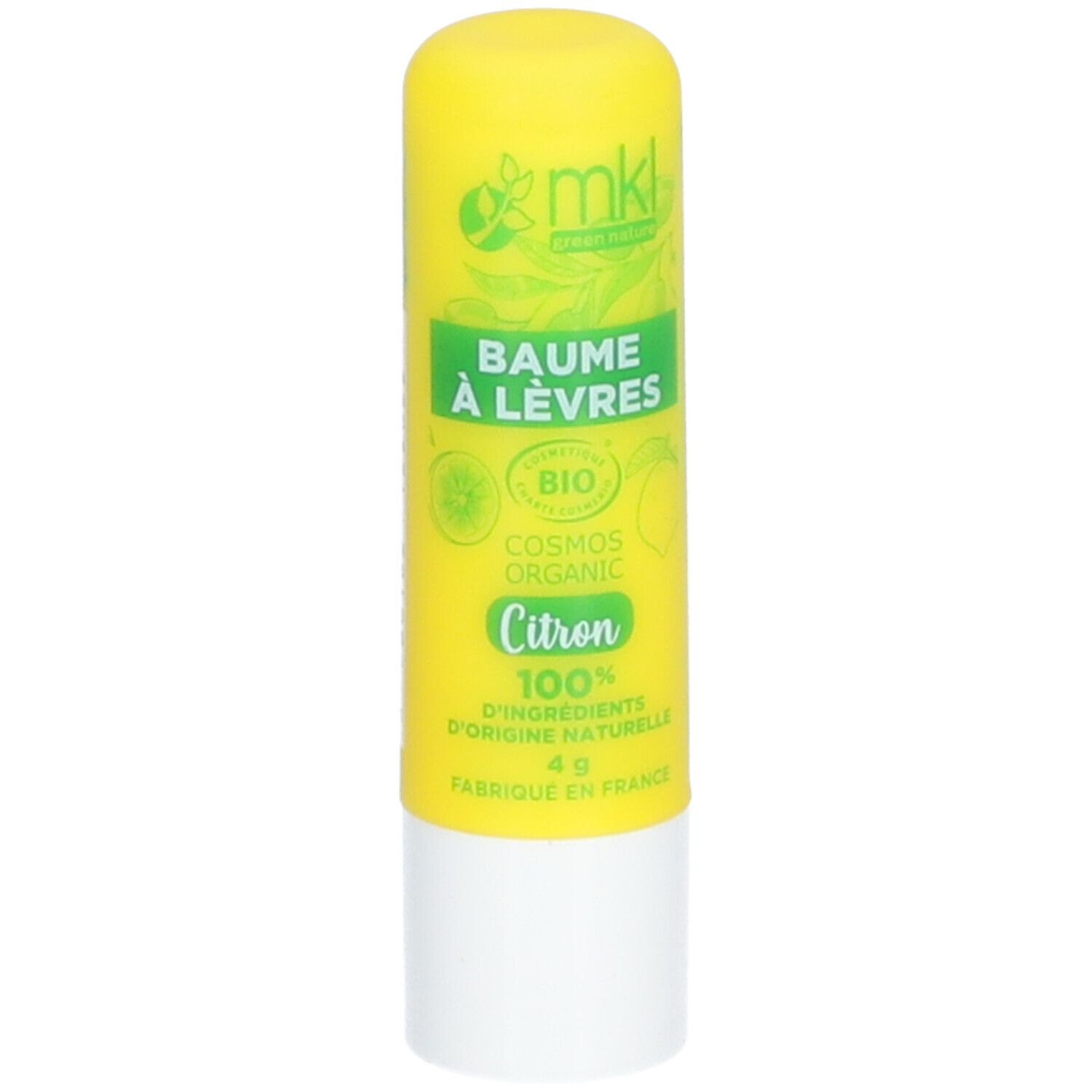 Gelber Lippenbalsam-Stift mit grüner Schrift. Enthält Bio-Zertifizierung und Zitronen-Logo. 4g.