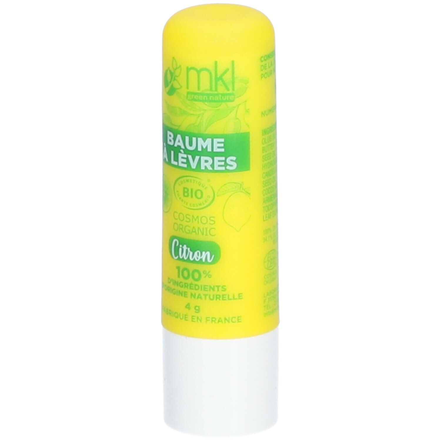 Gelber Lippenbalsam-Stift mit grüner Schrift. Enthält Bio-Zertifizierung und Zitronen-Logo. 4g.