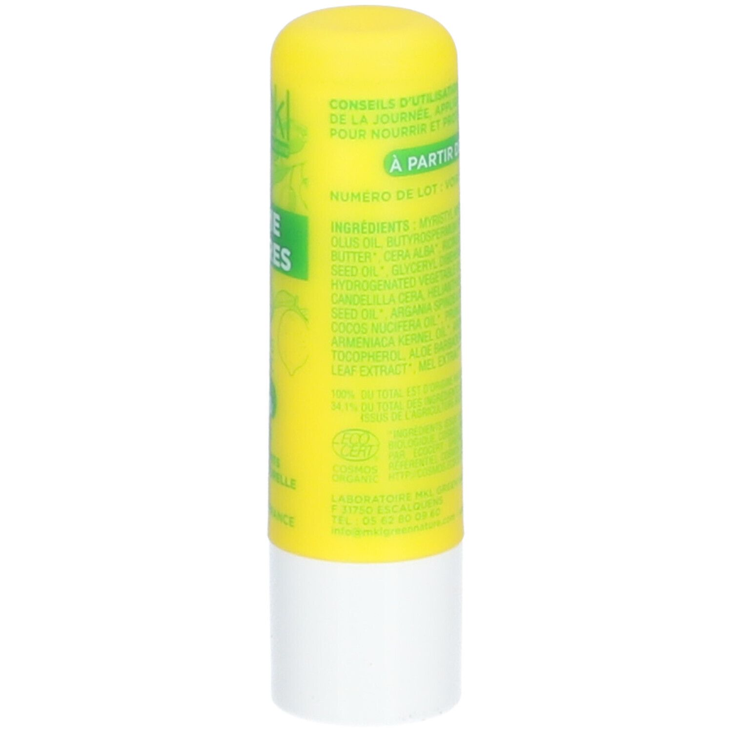 Gelber Lippenbalsam-Stift mit Text. Enthält Informationen zur Anwendung und Inhaltsstoffe.