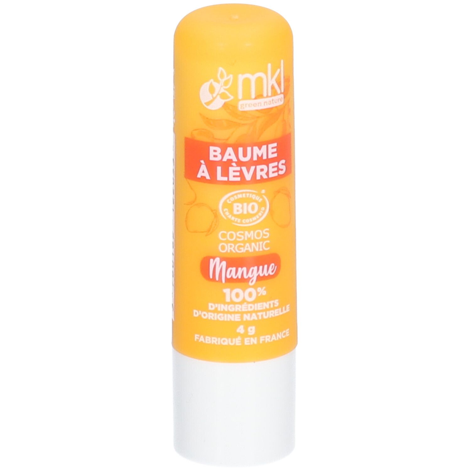 Gele lippenbalsemstift met witte basis. Opschrift: mkl, Baume à lèvres, Mangue, Cosmos Organic, 4g.