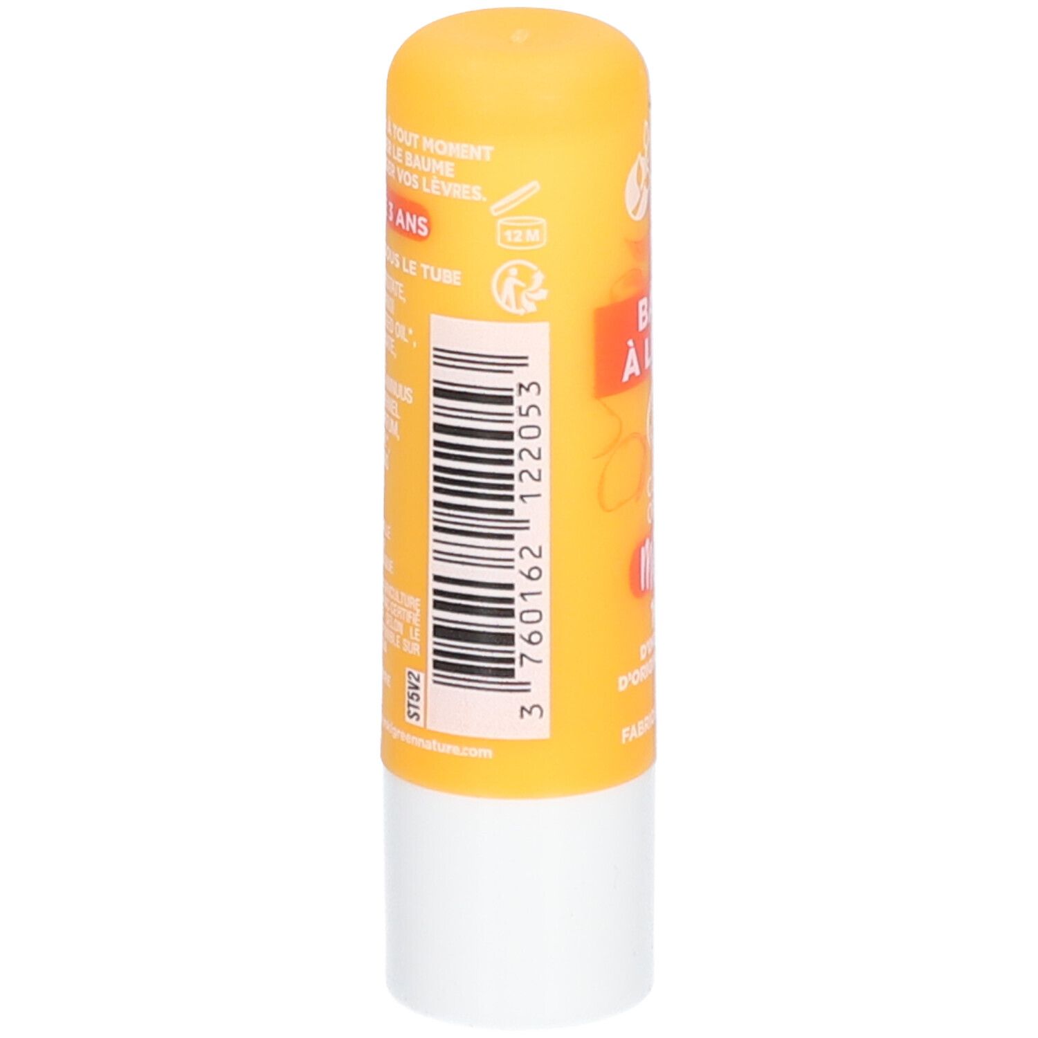 Gele lippenbalsemstift met witte basis. Achterkant met barcode en tekst.