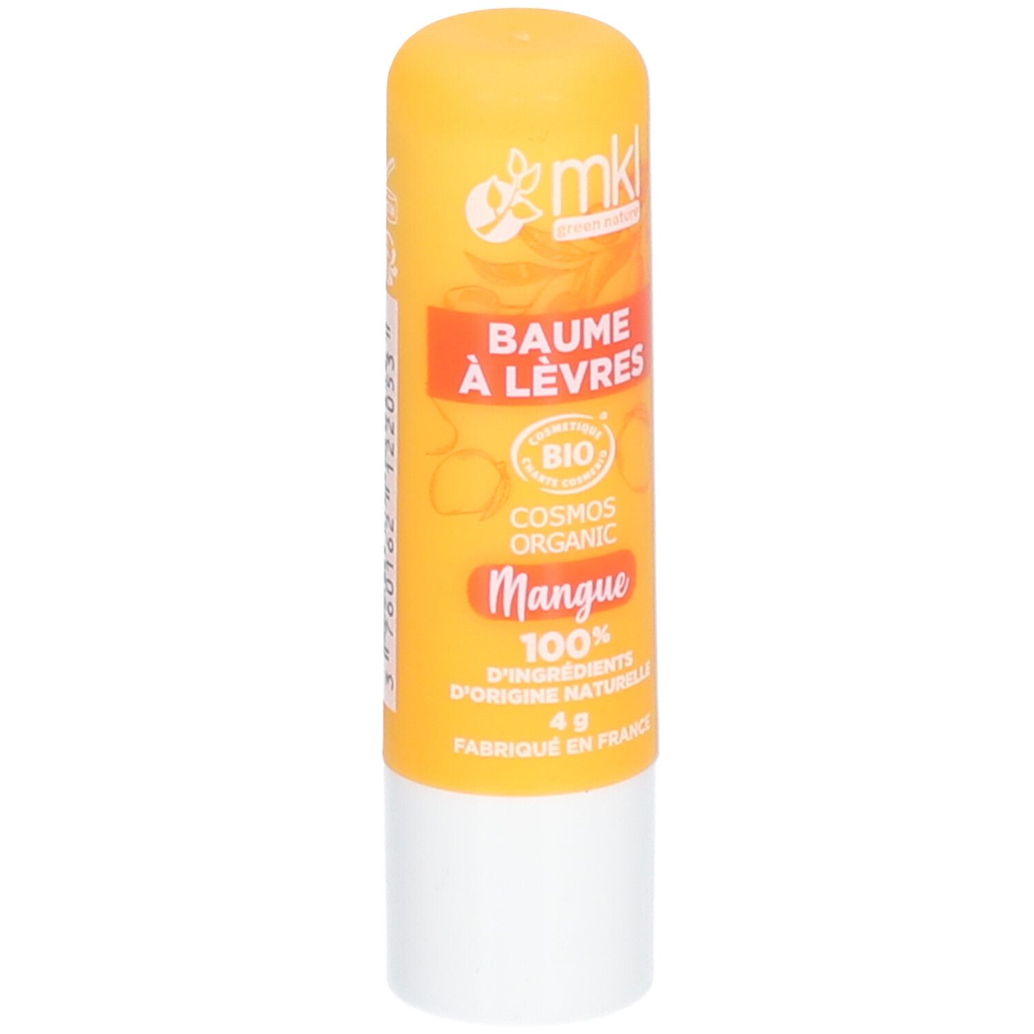Gele lippenbalsemstift met witte basis. Opschrift: mkl, Baume à lèvres, Mangue, Cosmos Organic, 4g.