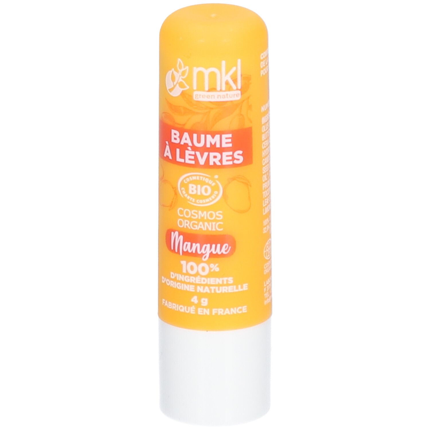 Gele lippenbalsemstift met witte basis. Opschrift: mkl, Baume à lèvres, Mangue, Cosmos Organic, 4g.