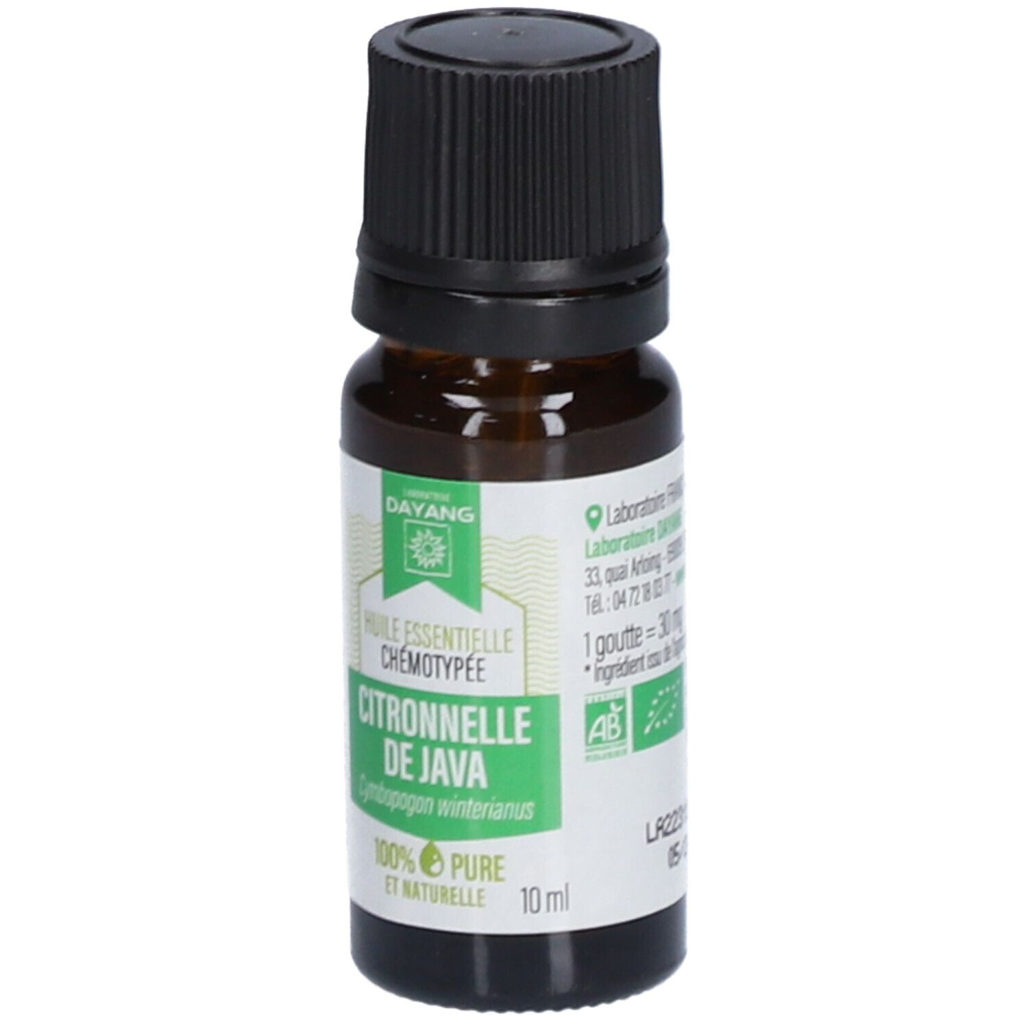 Flacon en verre brun avec bouchon noir. Étiquette avec nom du produit et logo. Contenance 10 ml.