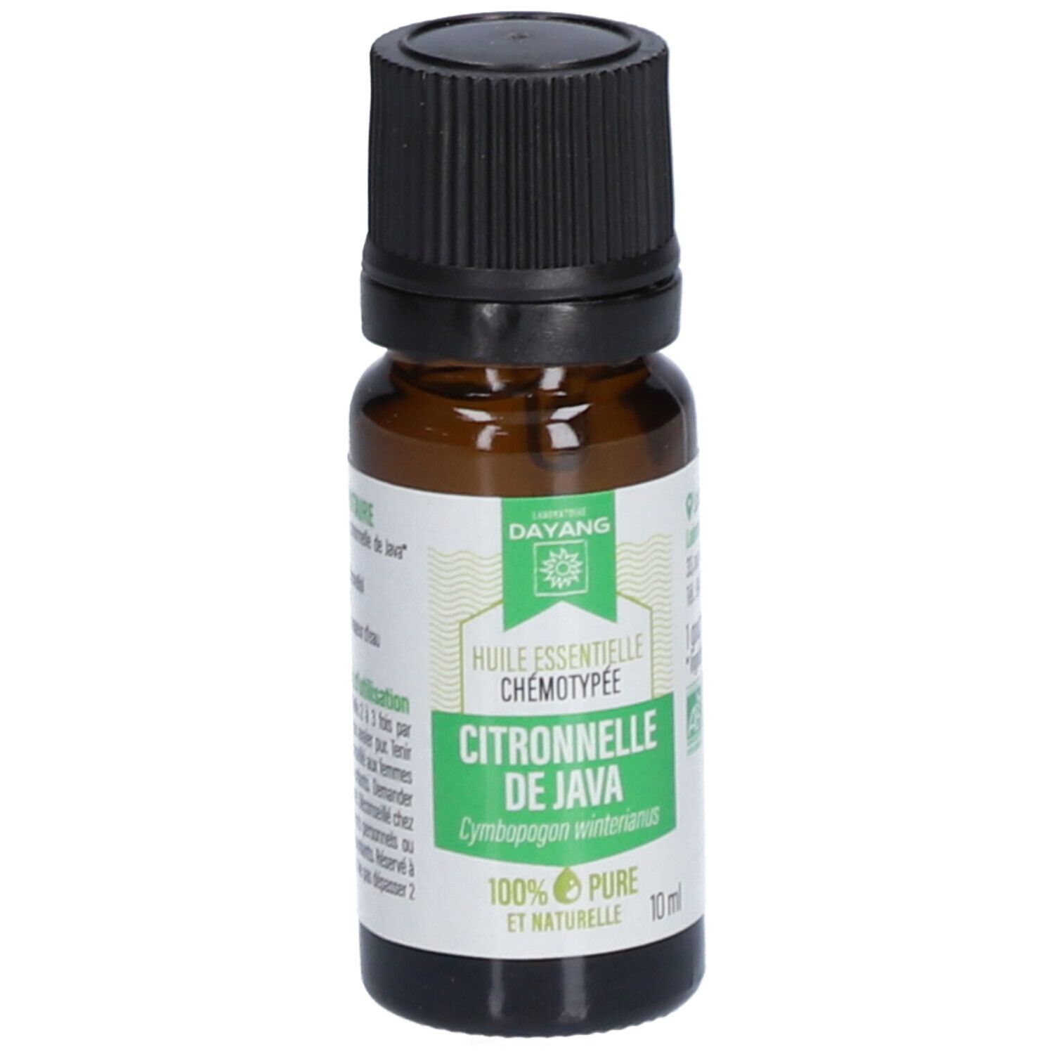 Flacon en verre brun avec bouchon noir. Étiquette avec nom du produit et logo. Contenance 10 ml.