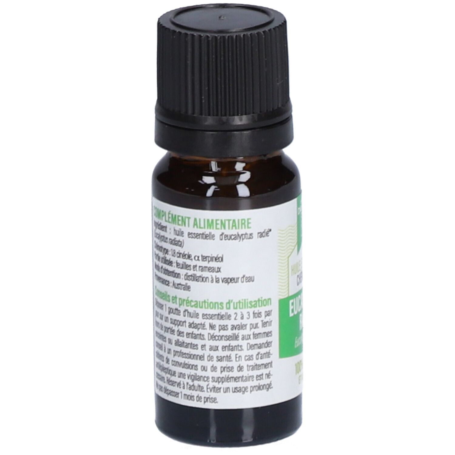 Dos d'un flacon brun, bouchon noir. Étiquette avec texte et ingrédients. Certification BIO.