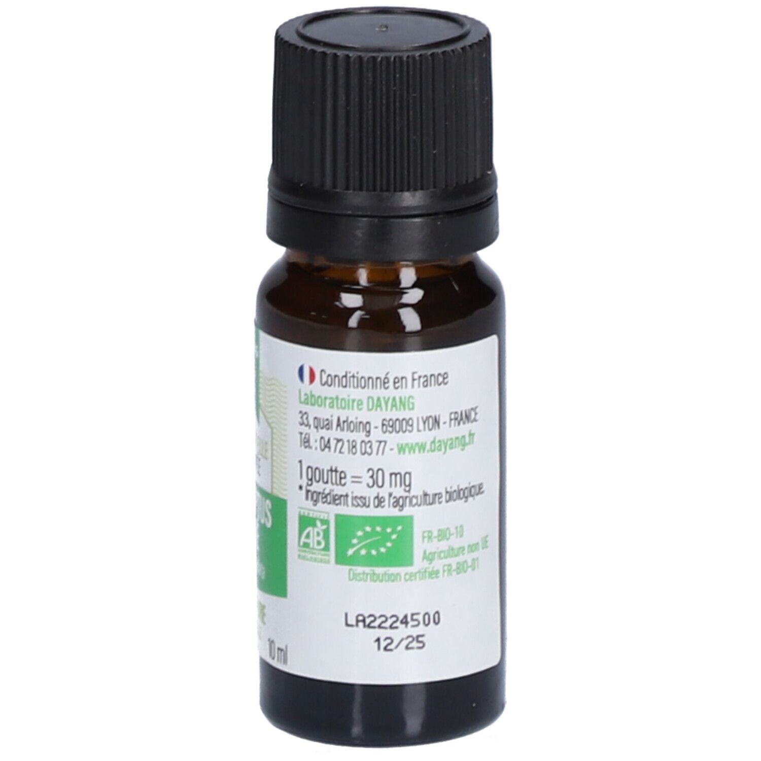 Flacon brun, bouchon noir. Étiquette avec texte et certification BIO. 1 goutte = 30 mg.
