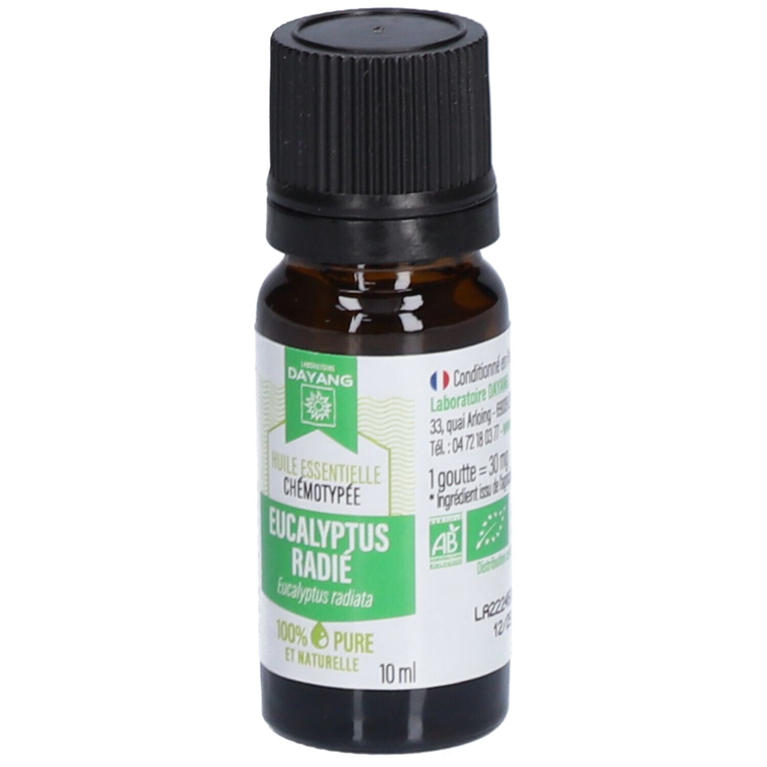 Flacon brun, bouchon noir. Étiquette : Eucalyptus radiata, 100% pur et naturel. Label BIO.