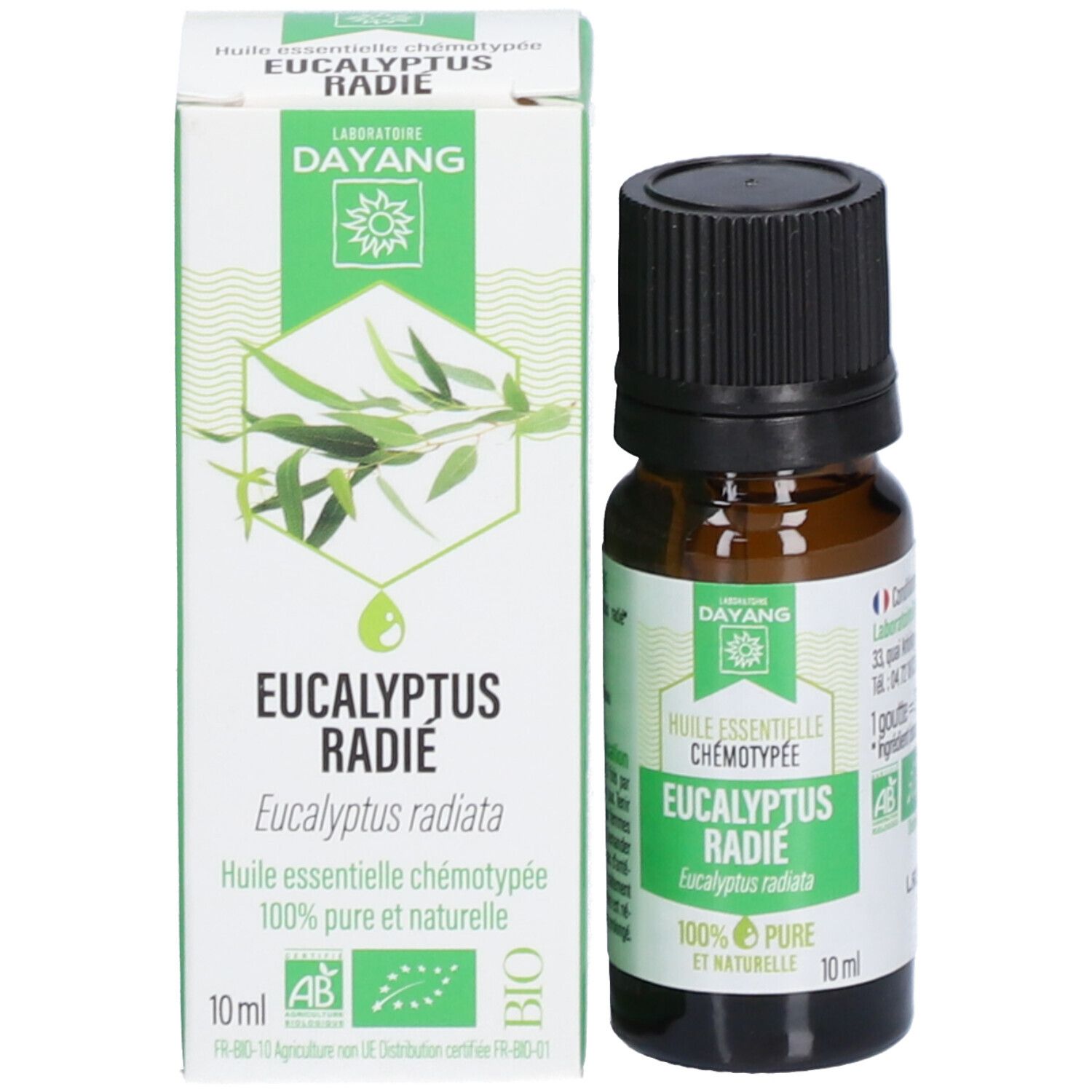 Flacon brun et boîte. Sur la boîte : Eucalyptus radié, 100% pur et naturel. Label BIO.