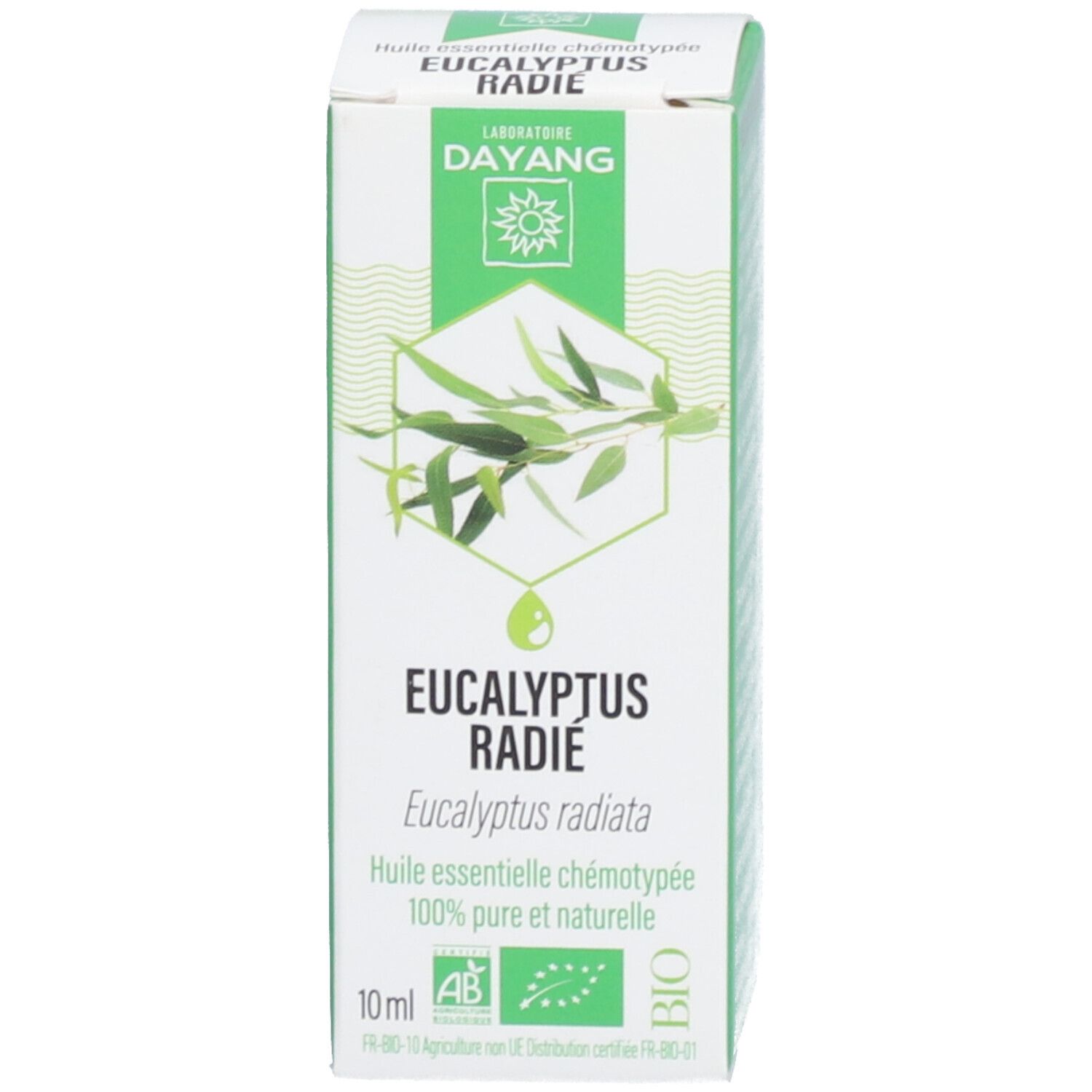Boîte blanche avec texte : Eucalyptus radié, 100% pur et naturel. Label BIO. 10 ml.