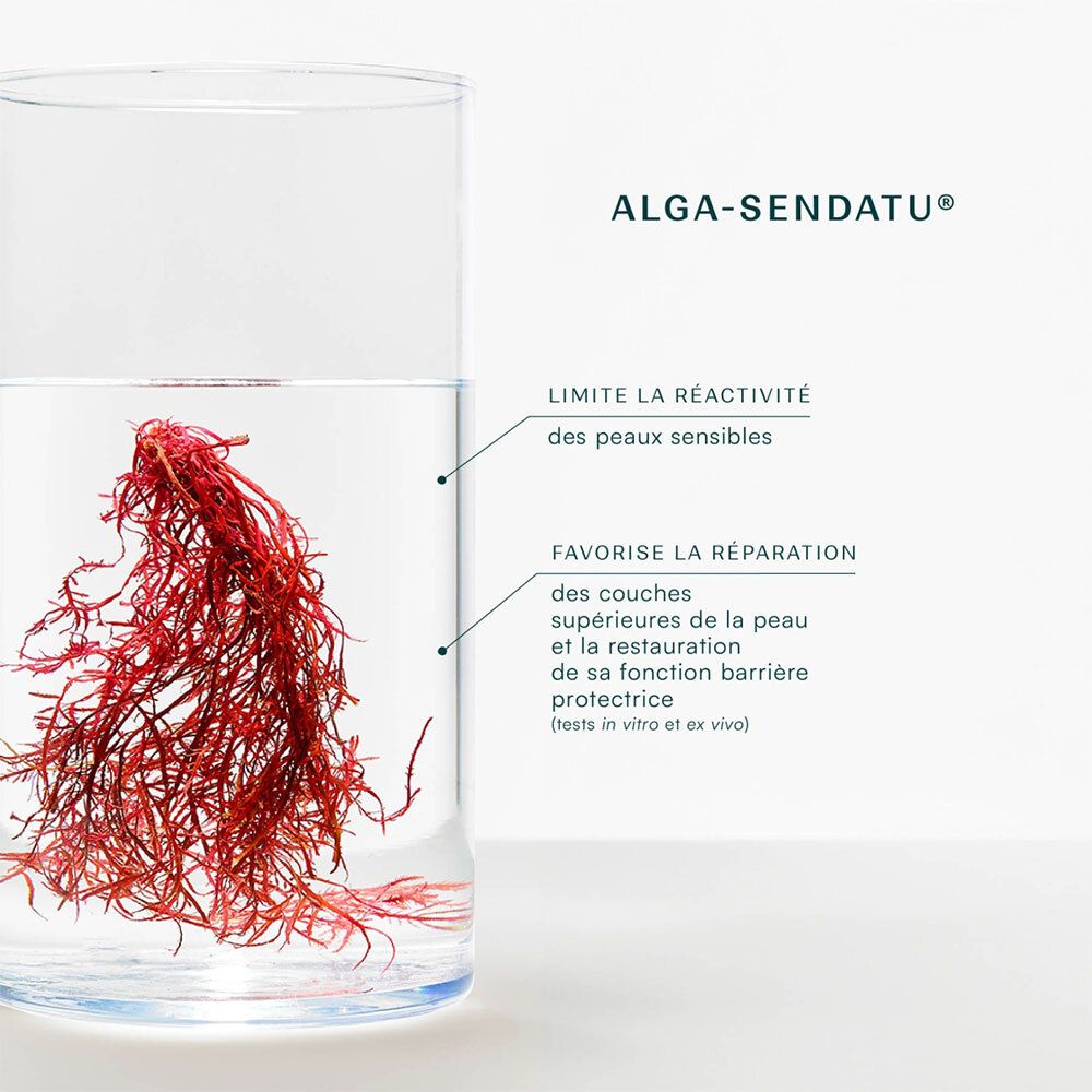 Glas mit rotem Algenmaterial. Text: ALGA-SENDATU®, begrenzt die Empfindlichkeit, fördert die Reparatur.