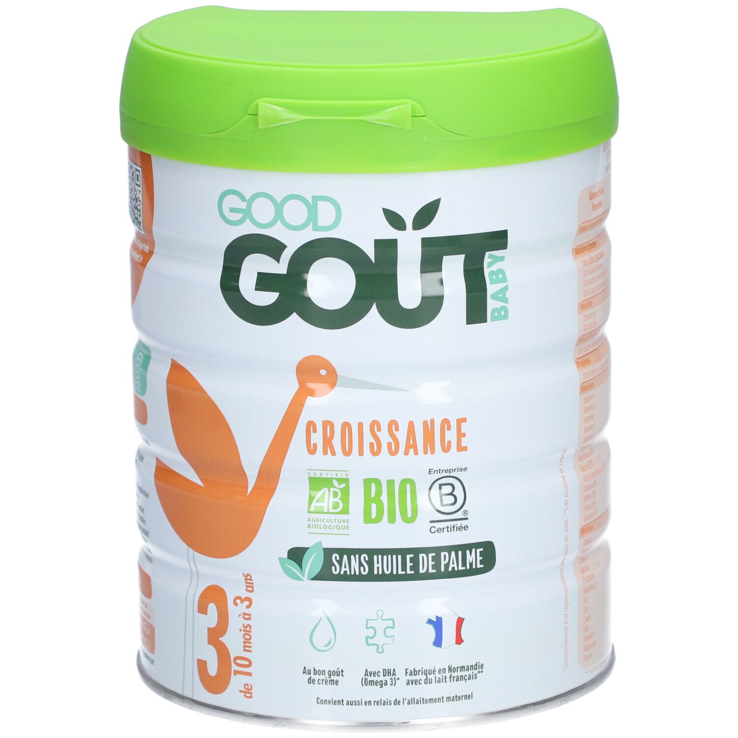 Boîte blanche et verte GOOD GOUT BABY, CROISSANCE BIO 3, sans huile de palme. Certifications AB et Bio.