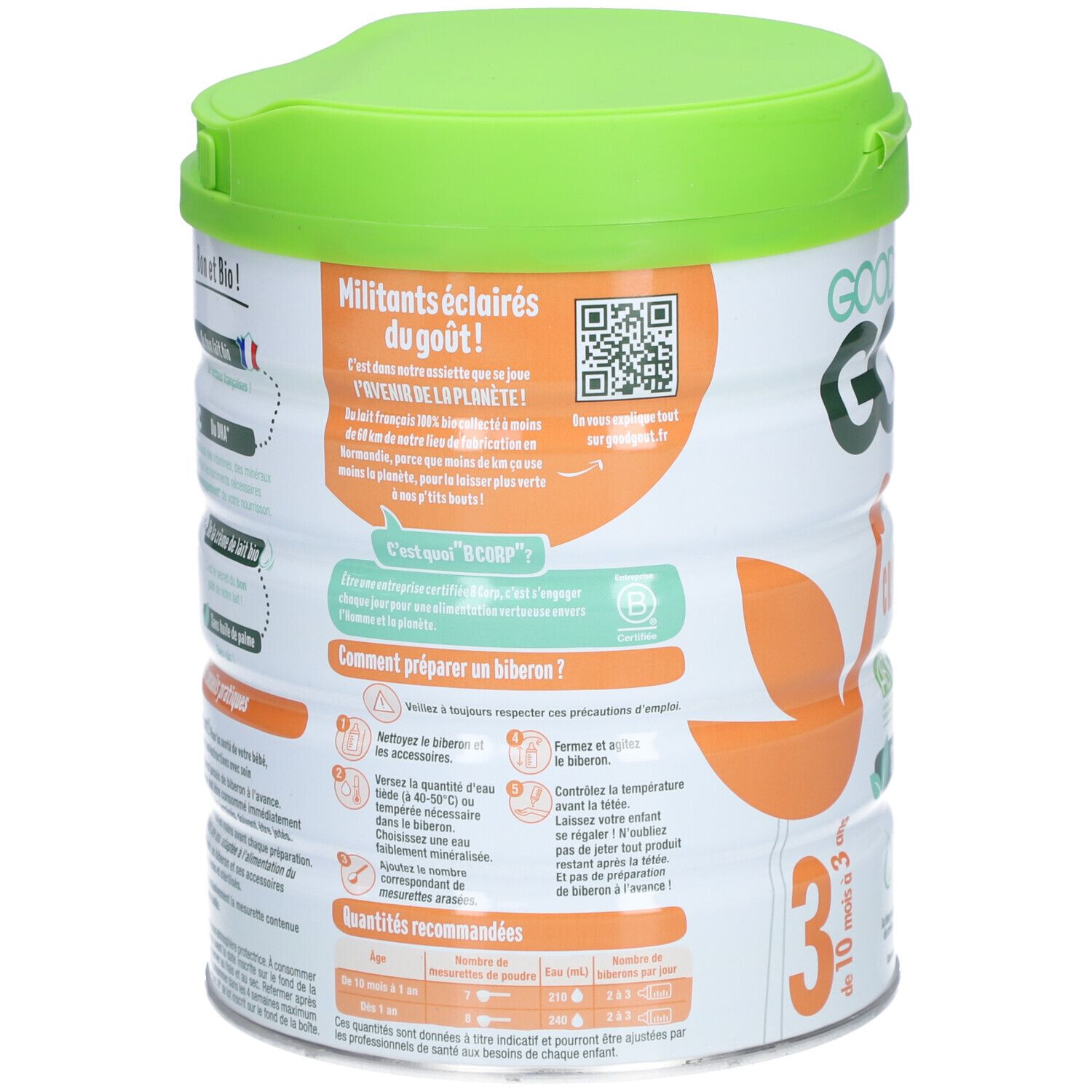 Dos de la boîte avec texte, QR code et instructions de préparation. Couvercle vert. Illustrations oranges.