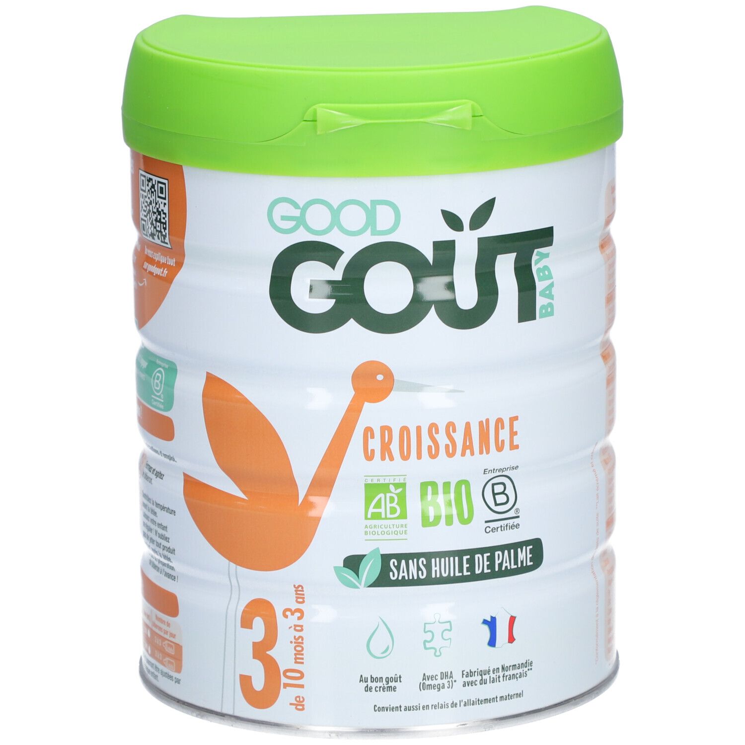 Boîte blanche et verte GOOD GOUT BABY, CROISSANCE BIO 3, sans huile de palme. Certifications AB et Bio.
