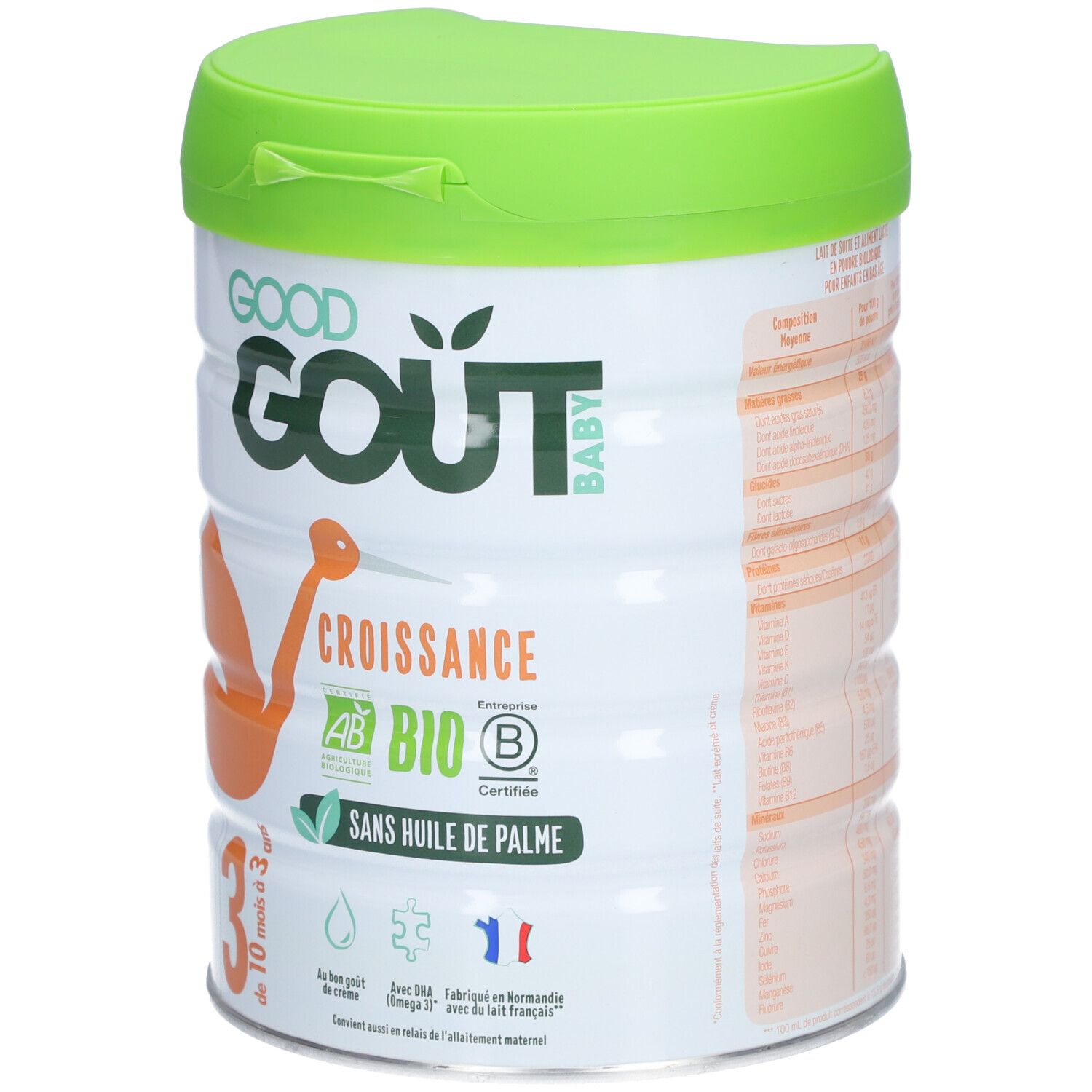 Boîte blanche et verte GOOD GOUT BABY, CROISSANCE BIO 3, sans huile de palme. Certifications AB et Bio.