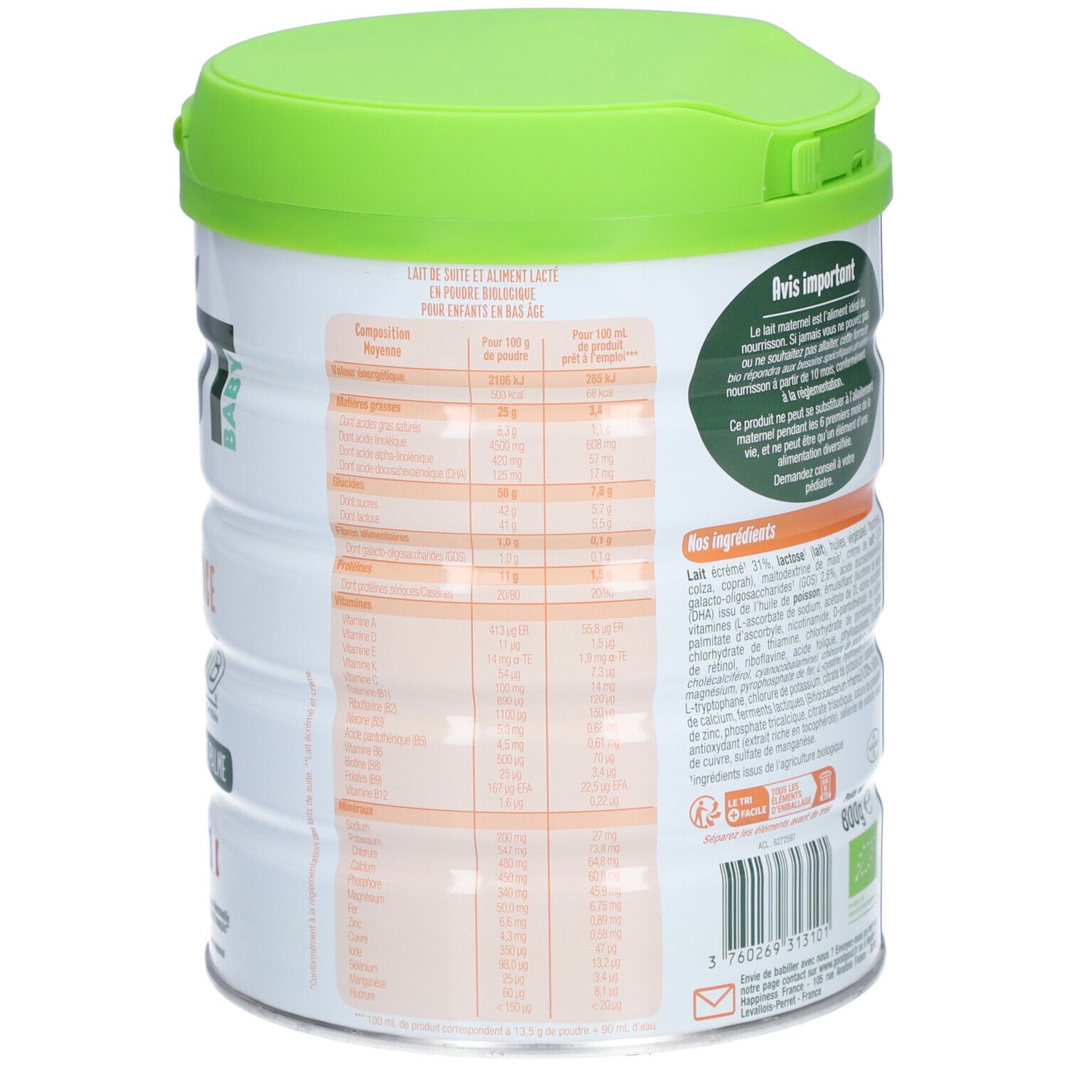 Dos de la boîte avec informations nutritionnelles et liste des ingrédients. Couvercle vert. Code-barres.