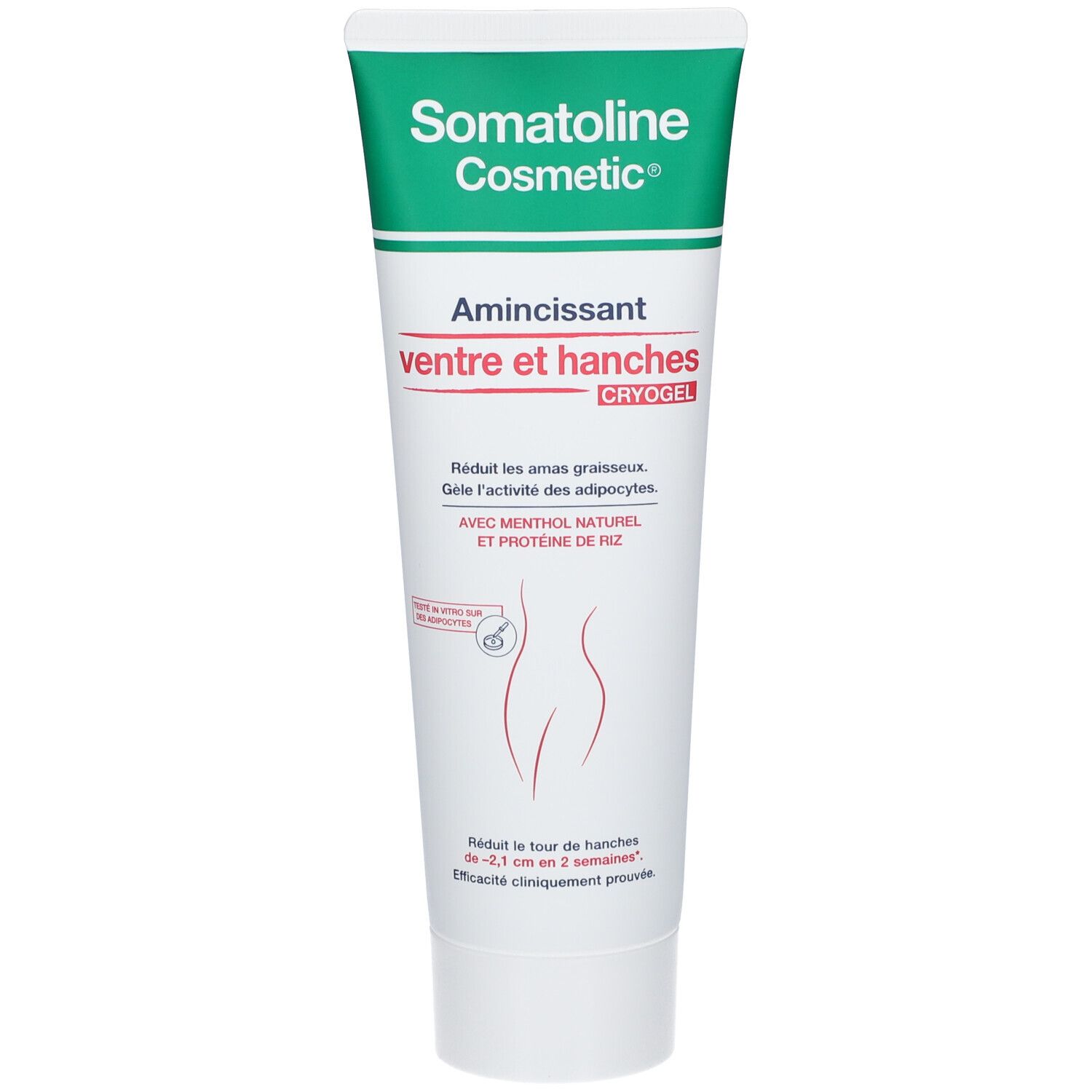 Weiße Tube mit grünem Deckel. Aufschrift: Somatoline Cosmetic, Amincissant Ventre et Hanches. Produktname und weitere Informationen.