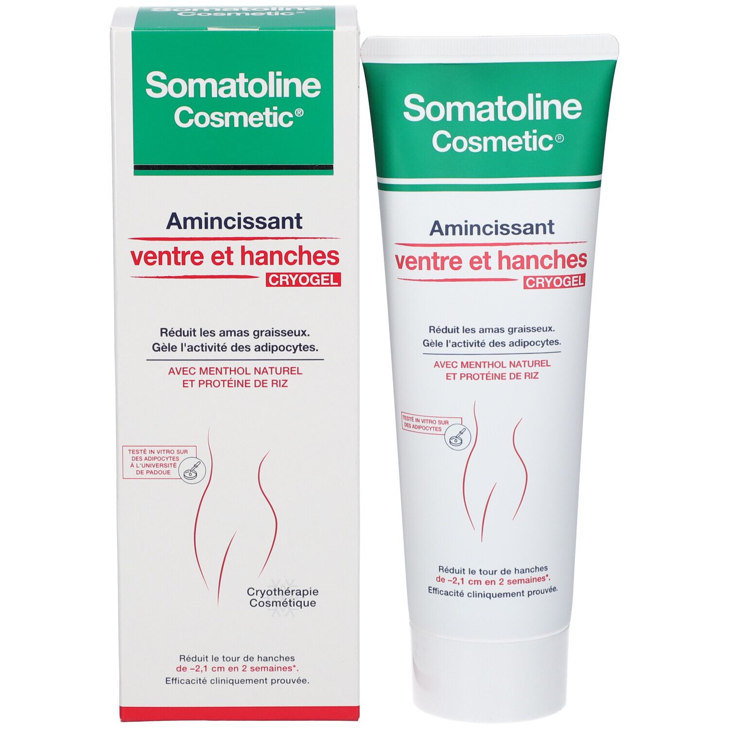 Tube und Karton. Aufschrift: Somatoline Cosmetic, Amincissant Ventre et Hanches. Produktname und weitere Informationen.