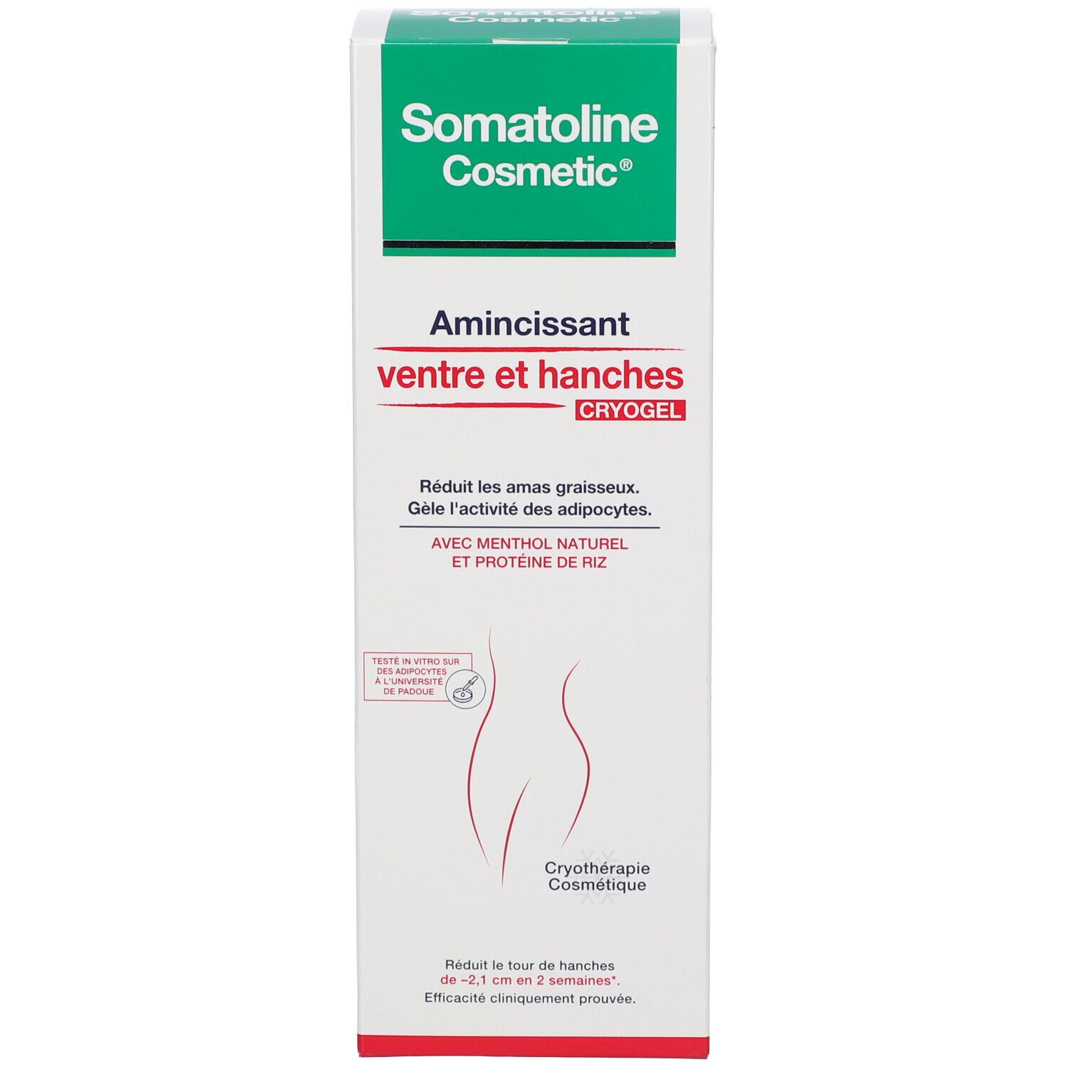 Karton. Aufschrift: Somatoline Cosmetic, Amincissant Ventre et Hanches. Produktname und weitere Informationen.