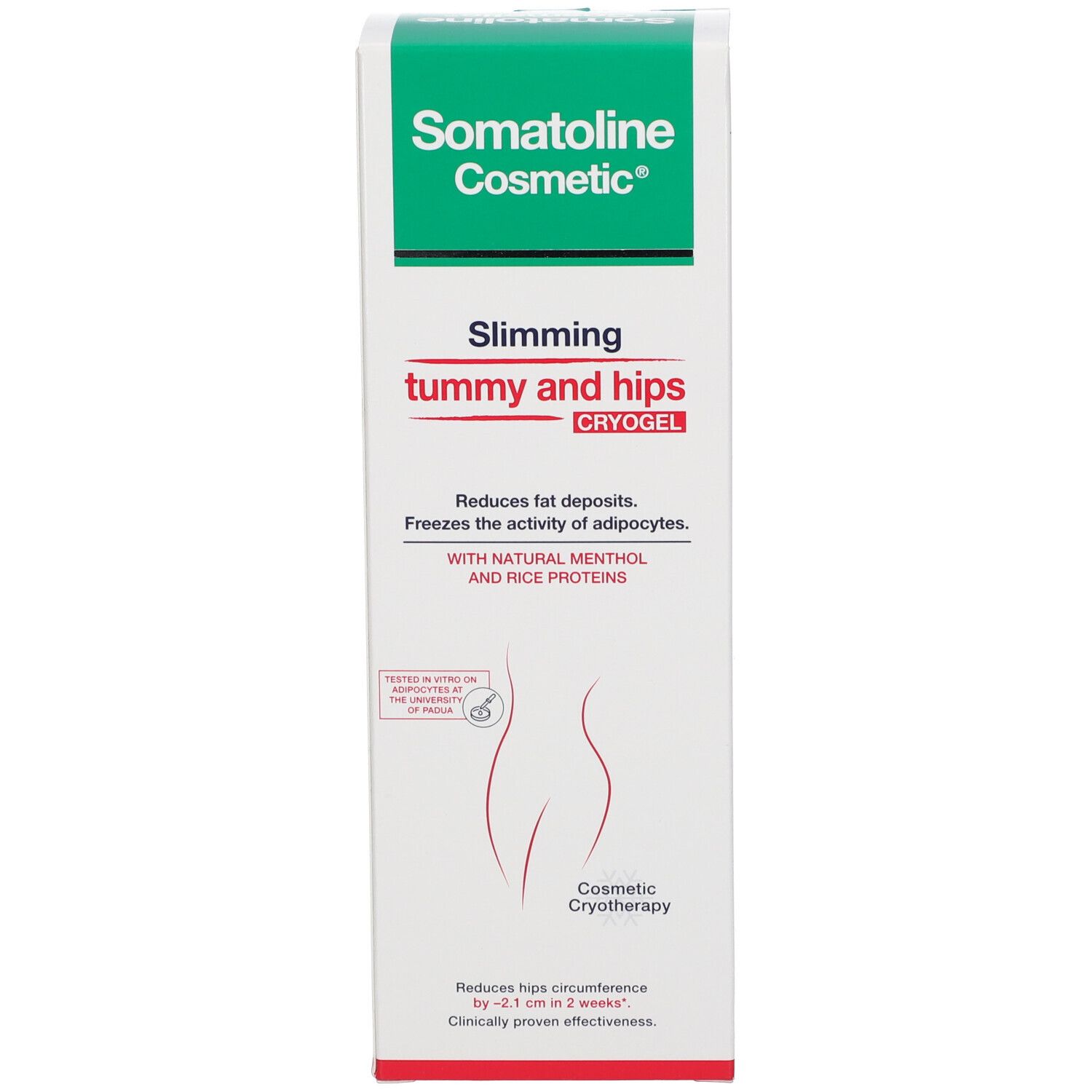 Rückseite des Kartons. Text: Somatoline Cosmetic, Slimming tummy and hips. Produktinformationen und Inhaltsstoffe.