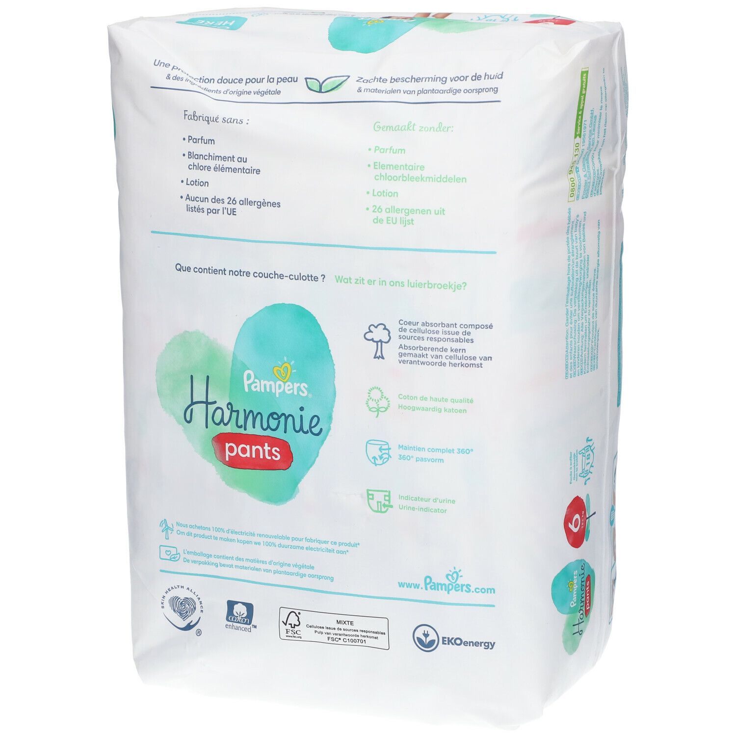 Paquet de couches-culottes Pampers Harmonie Pants Taille 6, dos. Texte et logos. Ingrédients et certifications.