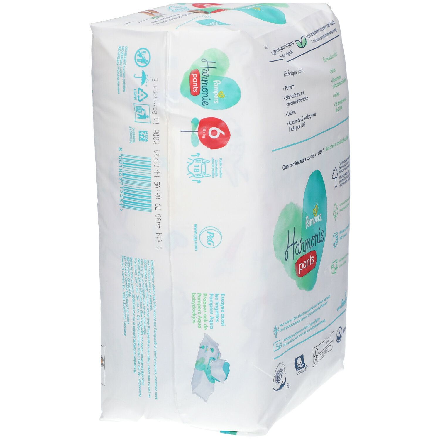 Paquet de couches-culottes Pampers Harmonie Pants Taille 6, vue latérale. Texte et logos. En haut : texte et symboles.