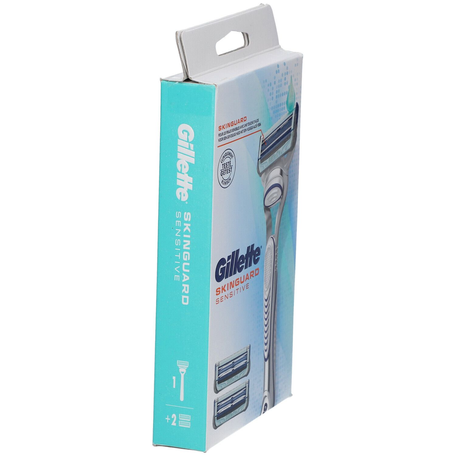 Emballage Gillette SkinGuard Sensitive. Rasoir et recharges. Boîte bleu clair.
