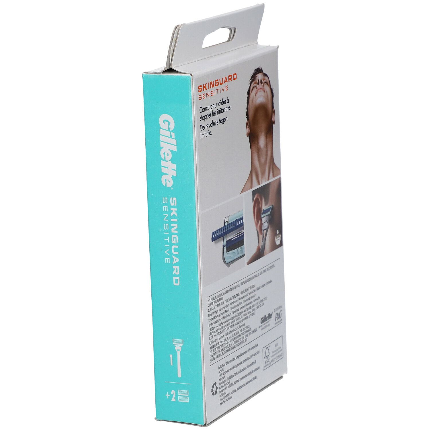 Dos emballage Gillette SkinGuard Sensitive. Homme et texte. Logos et informations.