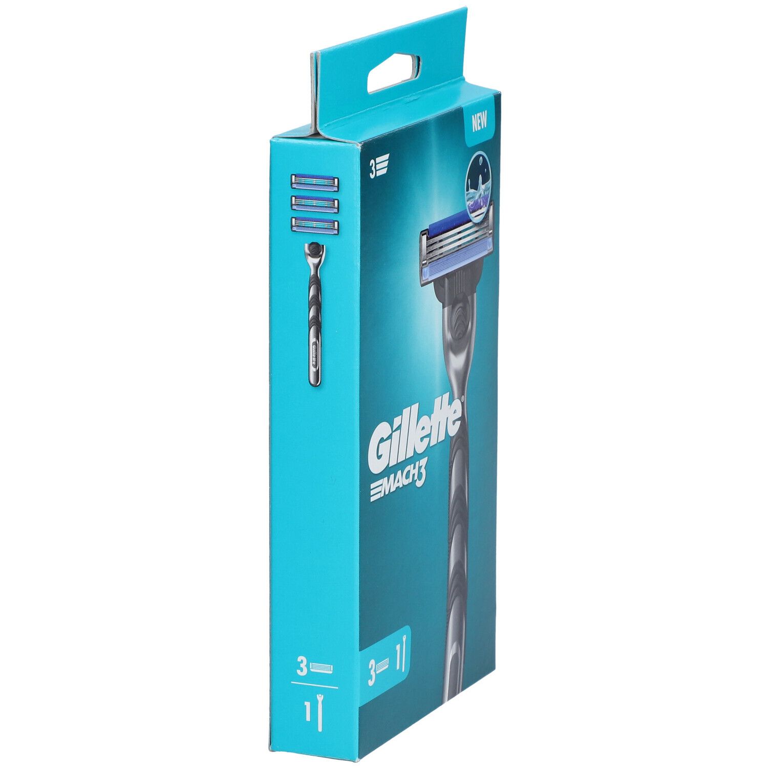 Gillette Mach3 Rasierer-Verpackung. Hellblaue Schachtel mit Rasierer-Abbildung und Produktnamen. Enthält 3 Klingen.