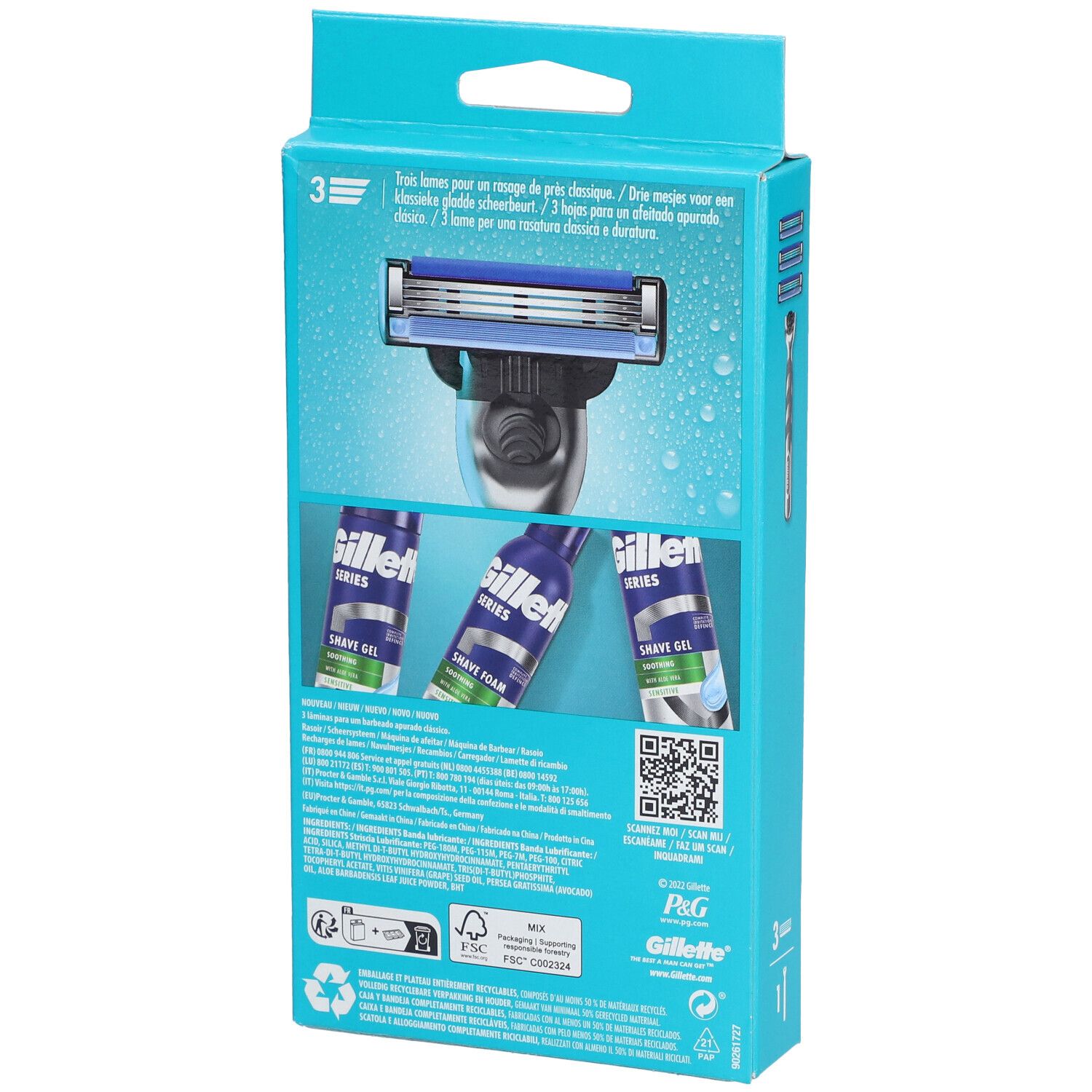 Rückseite der Gillette Mach3 Verpackung. Rasierer-Abbildung, Produktname und Text in mehreren Sprachen. Enthält 3 Rasiergel.