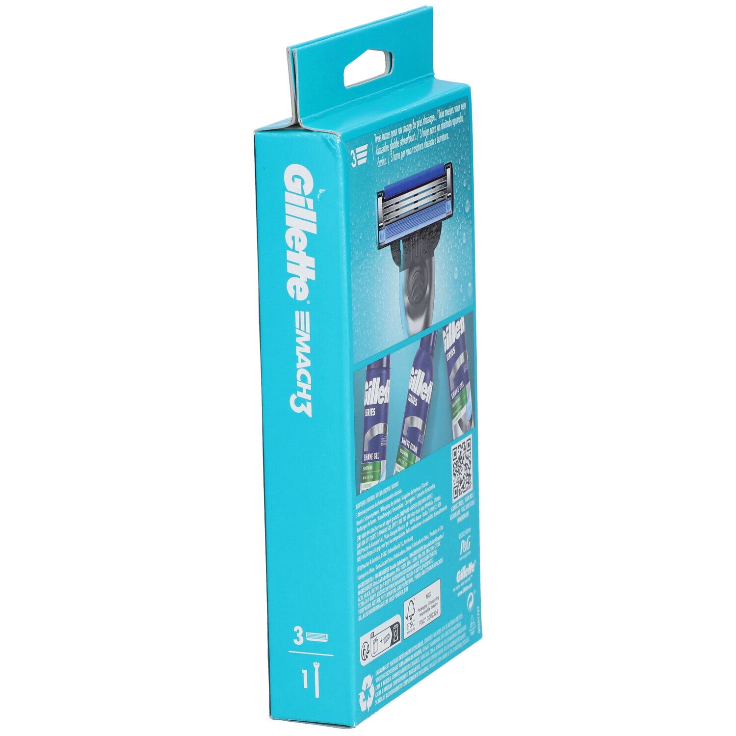 Gillette Mach3 Rasierer-Verpackung. Hellblaue Schachtel mit Rasierer-Abbildung und Produktnamen. Enthält 3 Klingen.