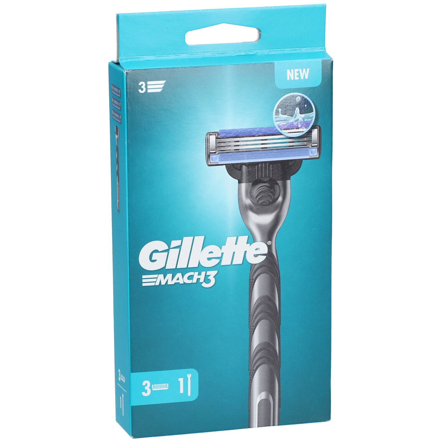 Gillette Mach3 Rasierer-Verpackung. Hellblaue Schachtel mit Rasierer-Abbildung und Produktnamen. Enthält 3 Klingen.