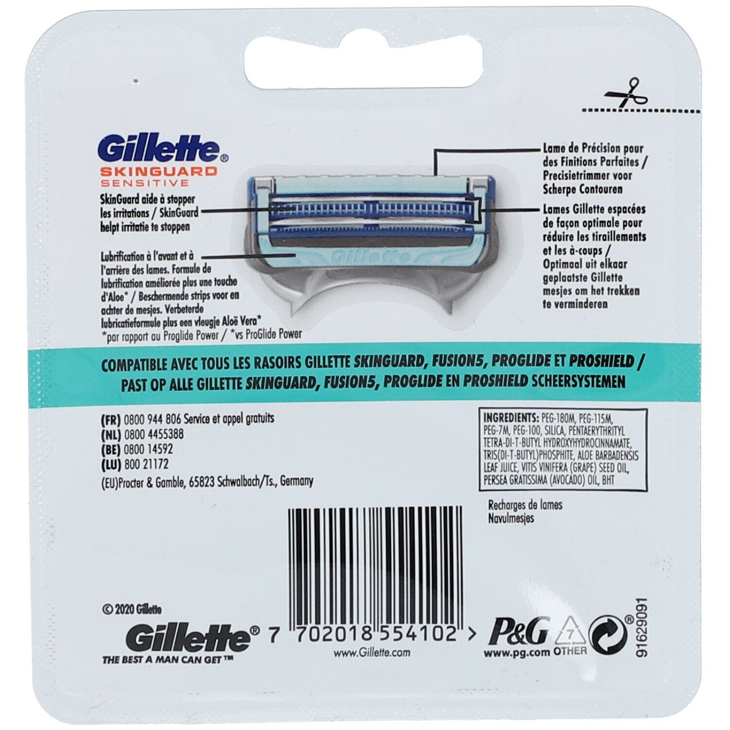 Gillette SkinGuard Sensitive Rasierklingen. Verpackung mit Rasierklingenköpfen. Blaue und silberne Elemente. Text: Gillette, SkinGuard.
